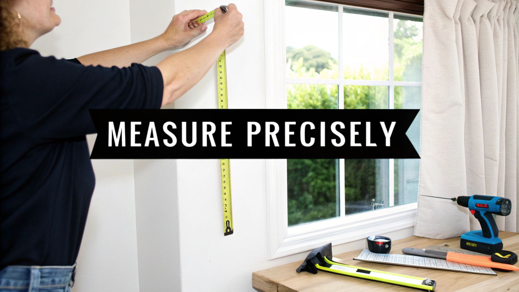 A person precisely measures a wall next to a window with a tape measure, surrounded by home improvement tools.