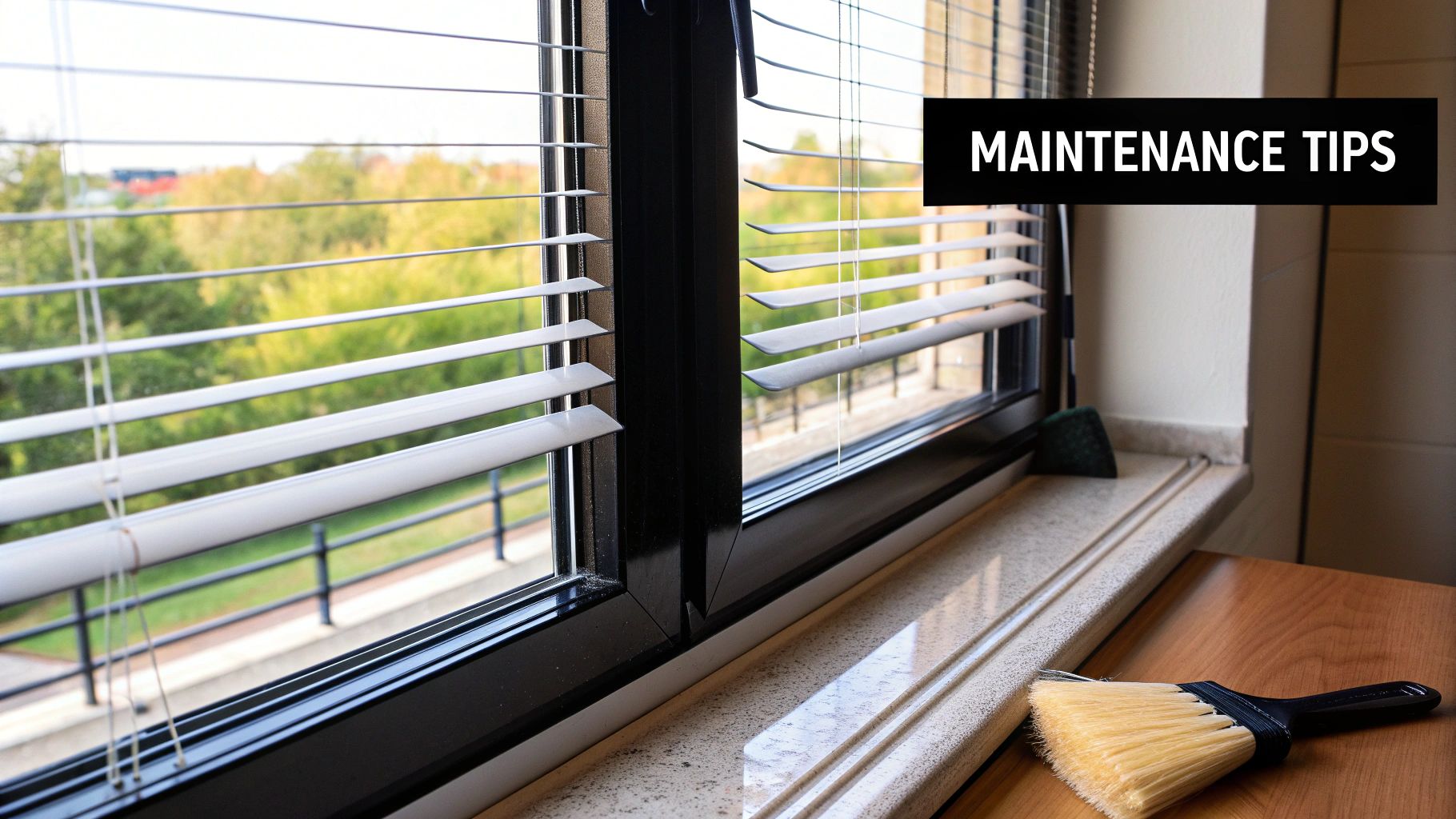 Clean, white Venetian blinds hanging in a bright, modern room.