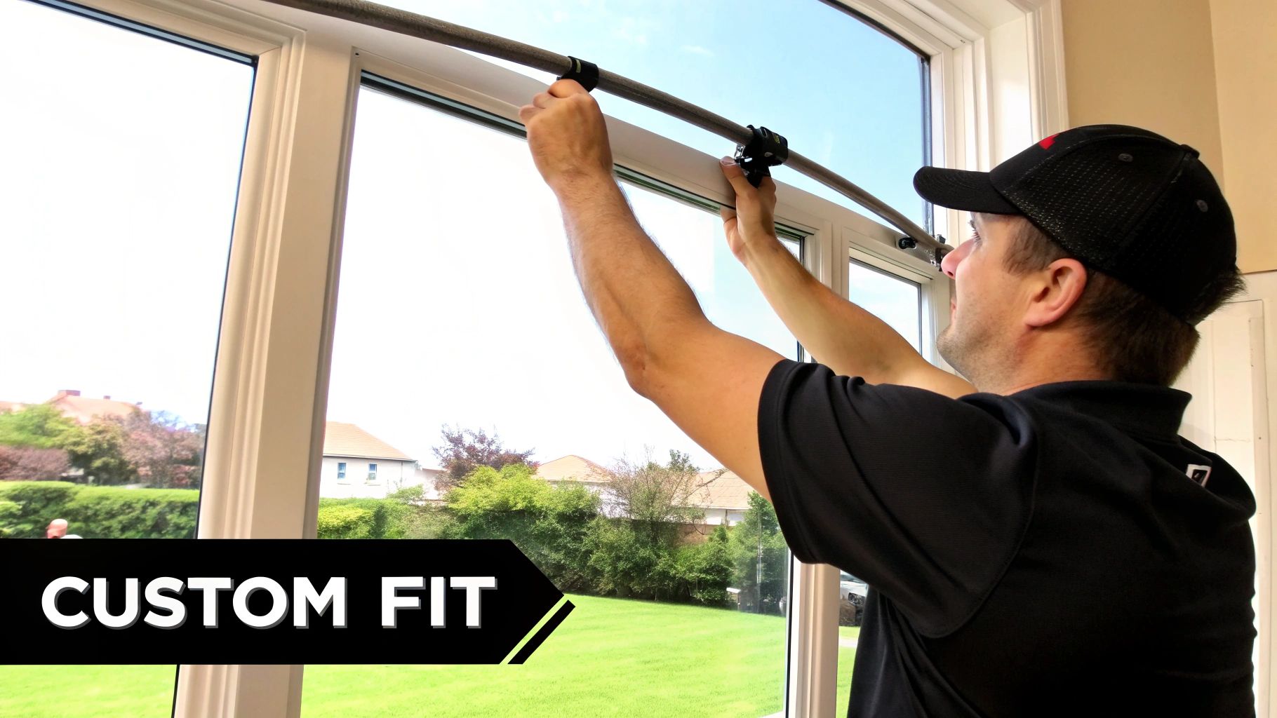 A man installing a custom-fit, curved rod above a window, demonstrating precise fitting for a window treatment.