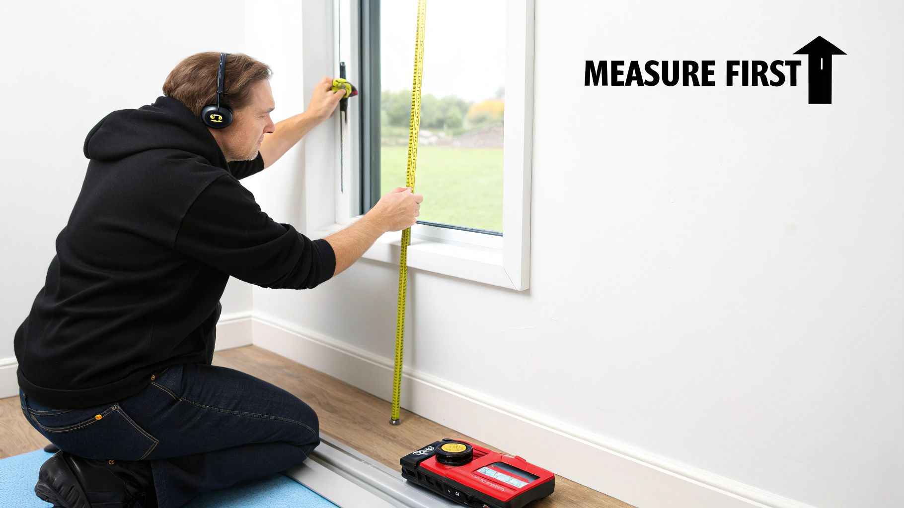 A man wearing headphones measures a window frame with a long yellow tape measure. Text says "MEASURE FIRST."