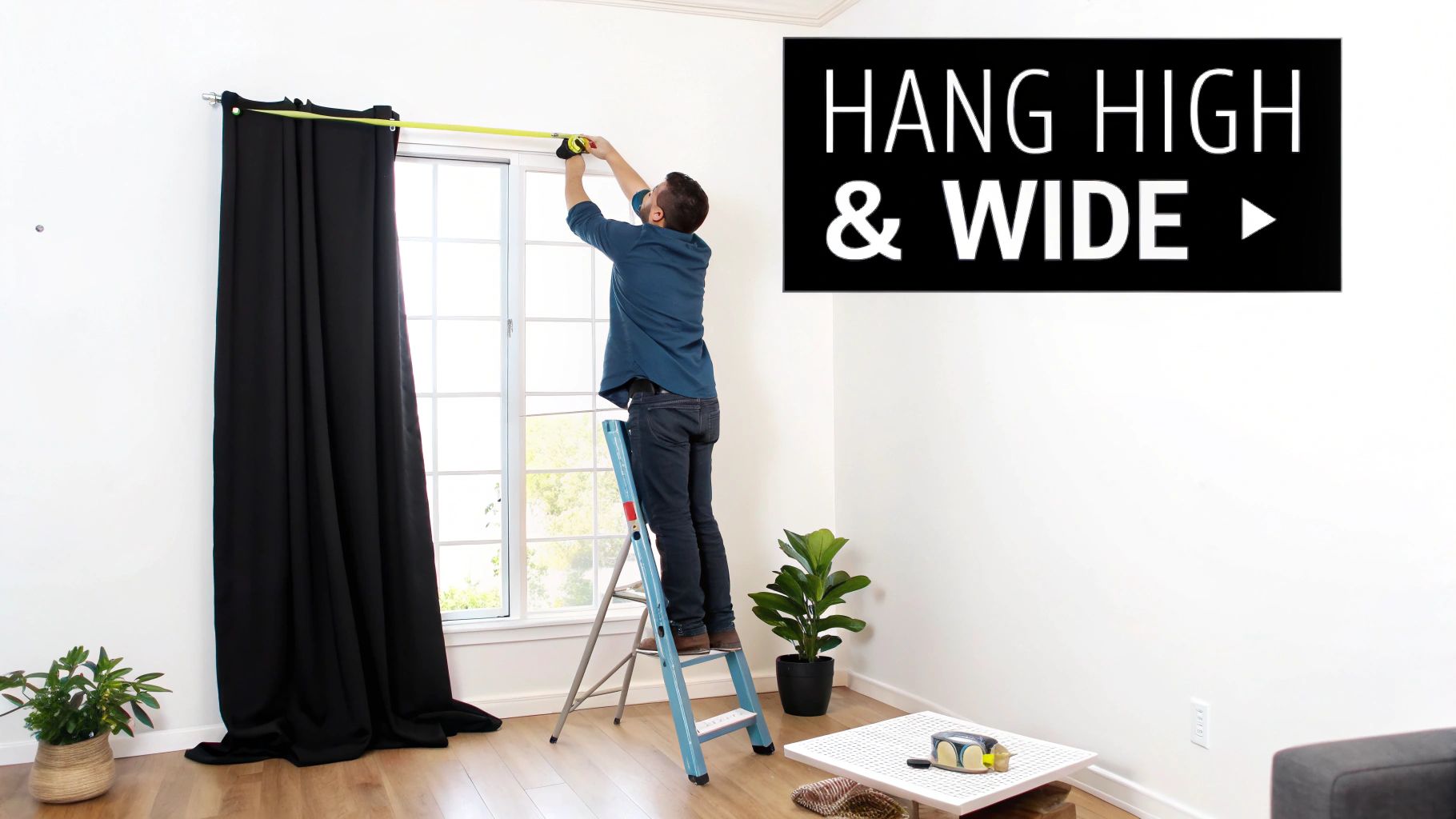 A man on a ladder measures above a window to hang curtains high and wide.