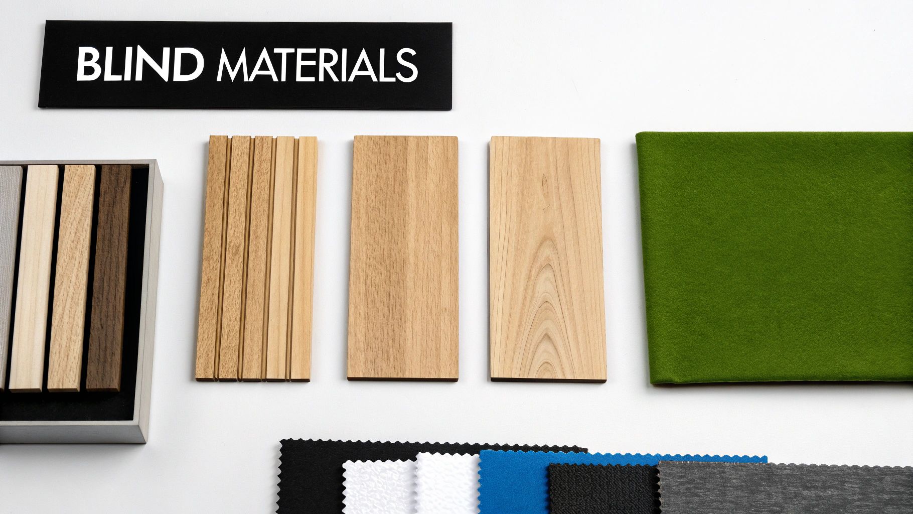 Various blind materials, including wood samples, green felt, and fabric swatches, displayed under a 'BLIND MATERIALS' sign.