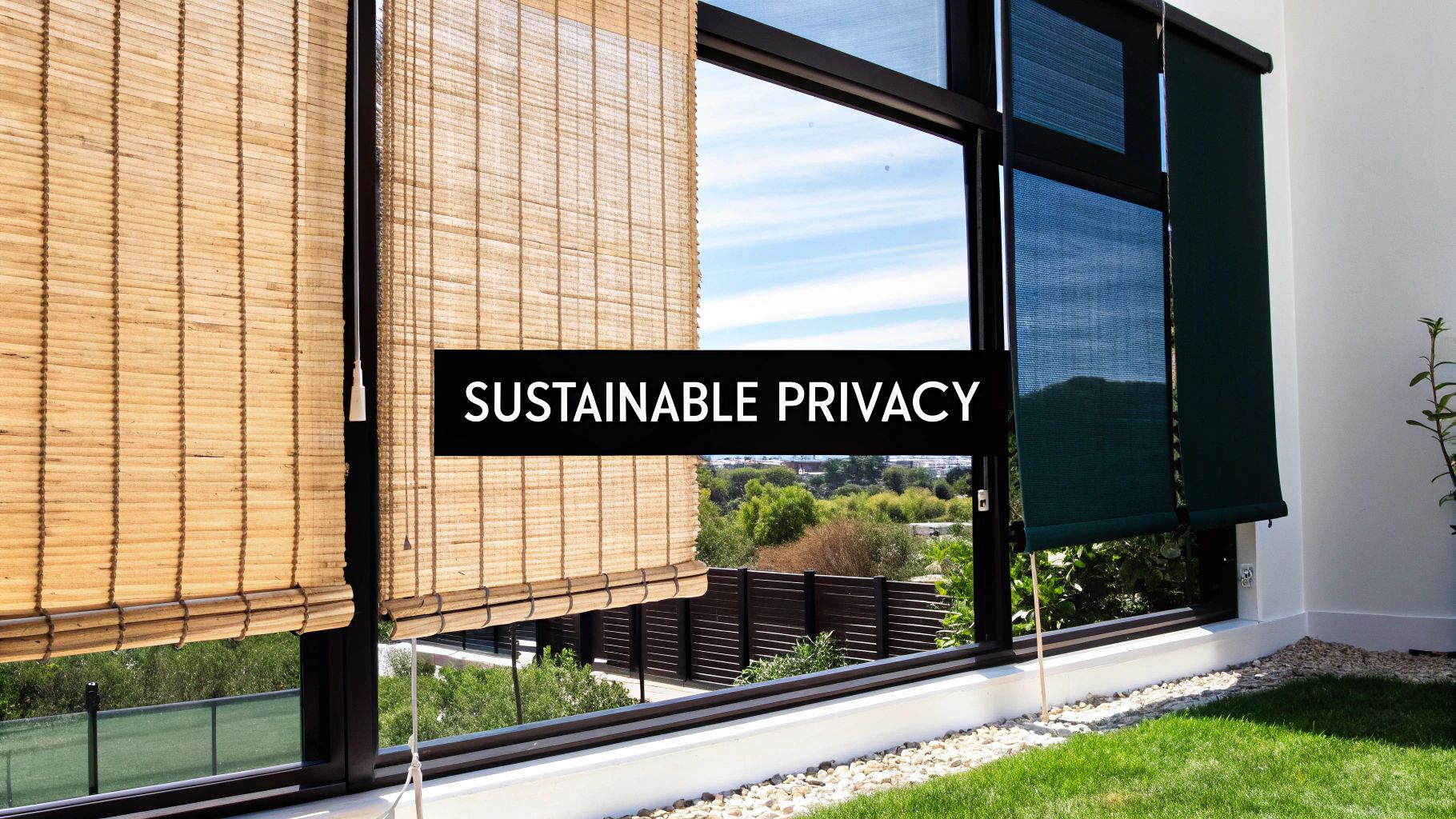 A close-up of sustainable bamboo window shades casting soft light into a room.