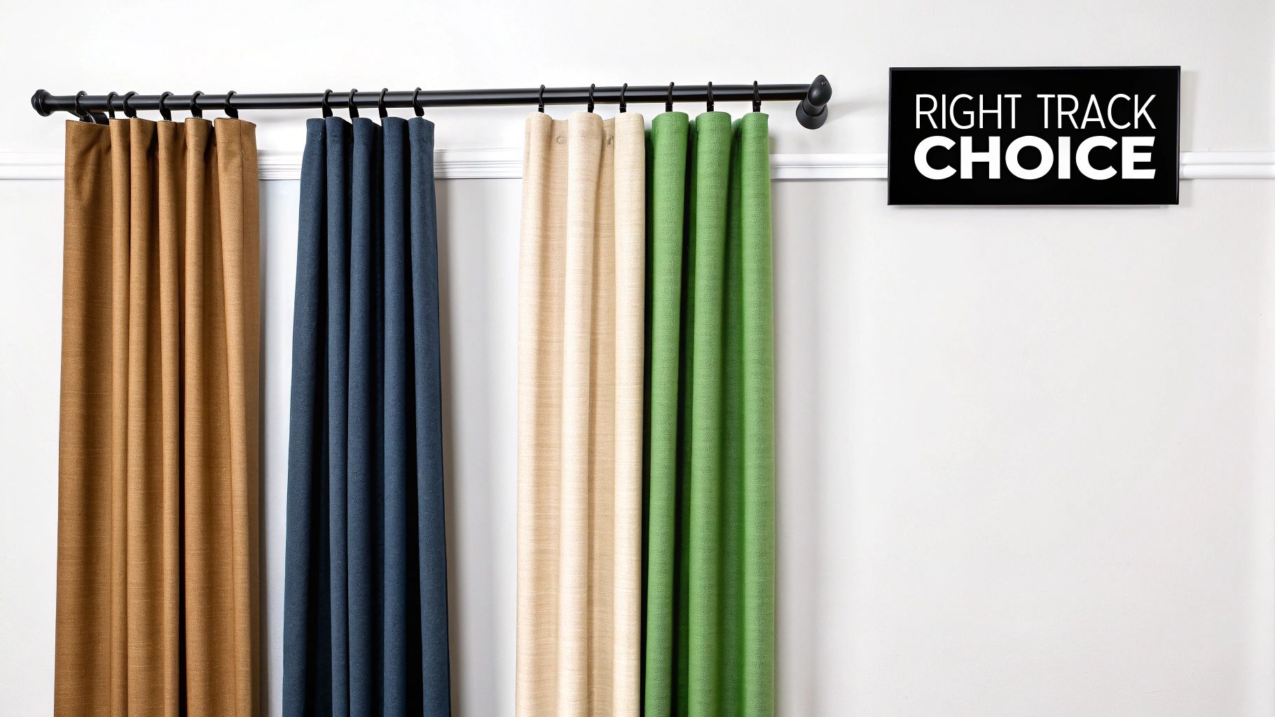 Four colorful pleated curtains in brown, blue, beige, and green hanging from a black rod.