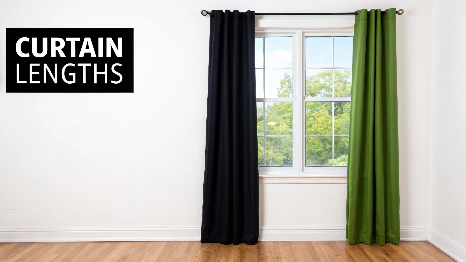 An illustration showing four different curtain lengths against a window: sill, apron, floor, and puddle.