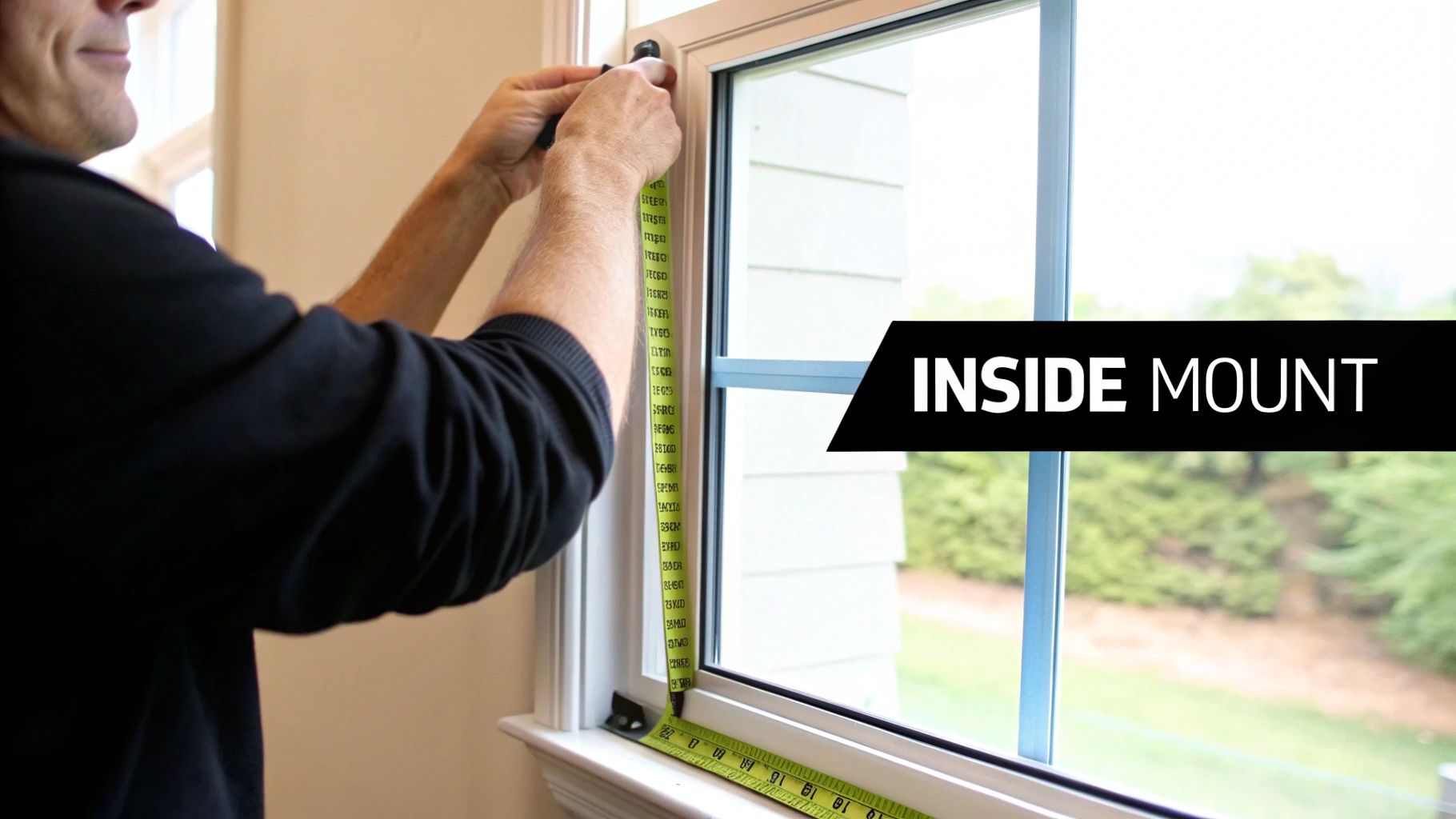 A person uses a tape measure to determine the dimensions inside a window frame for an inside mount.
