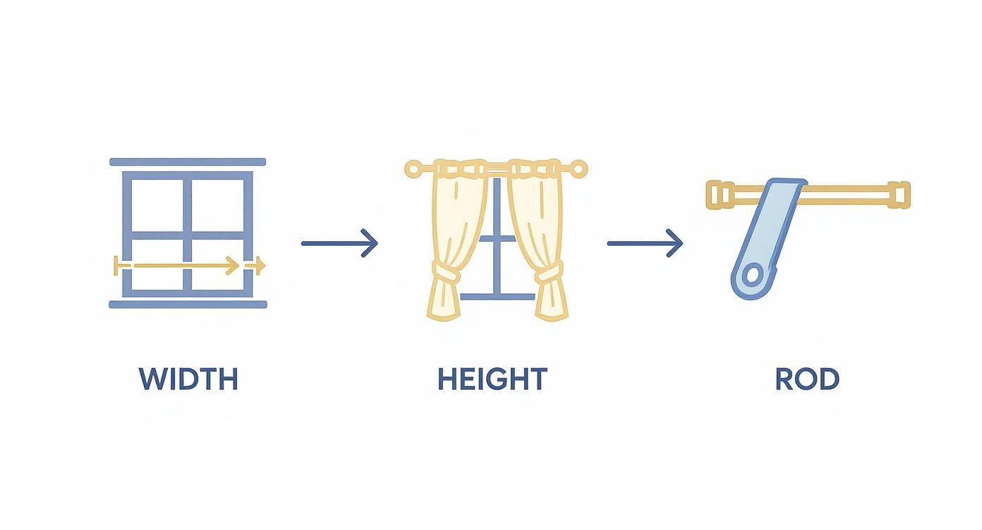 Infographic about how to pick curtains, showing key measurements for width, height, and rod placement.