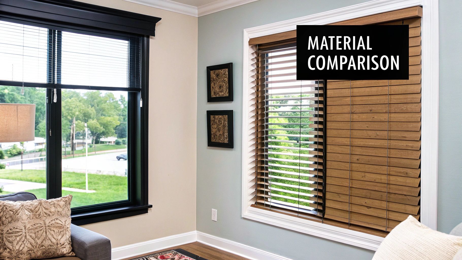 A close-up of light-colored blinds in a bright, modern room, highlighting material texture.