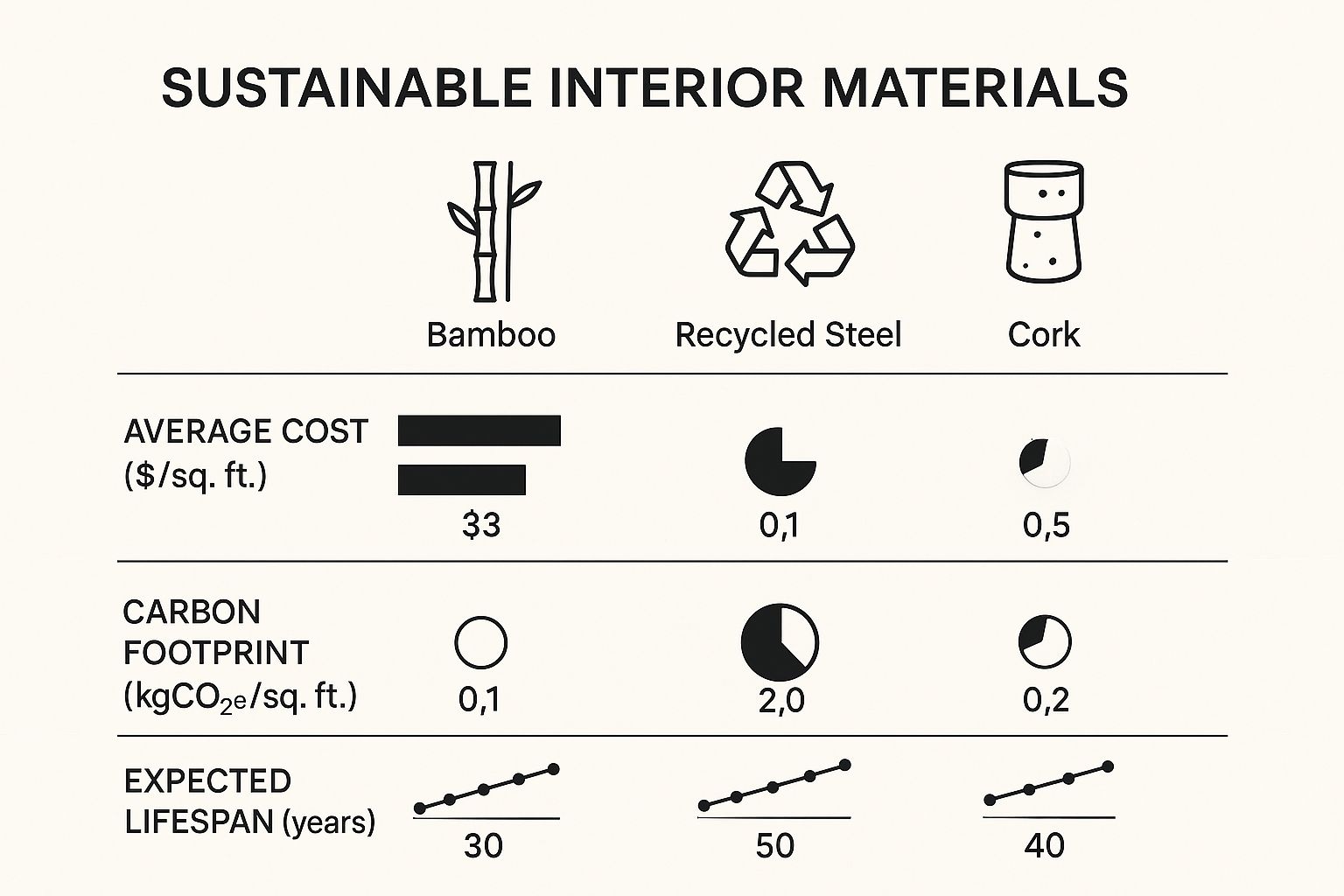 Infographic comparing the performance and eco-friendliness of sustainable interior design materials like bamboo, cork, and reclaimed wood.