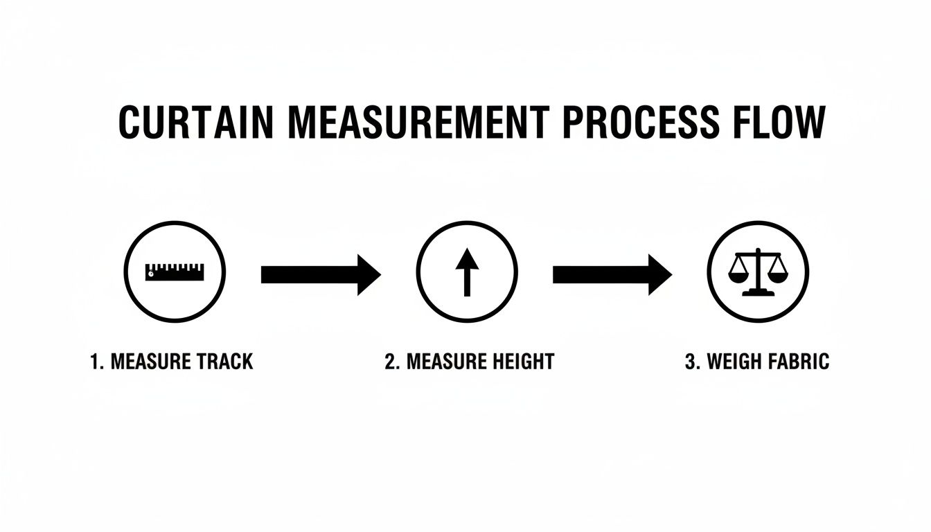 Process flow diagram illustrating three steps for curtain measurement: track, height, and fabric weight.