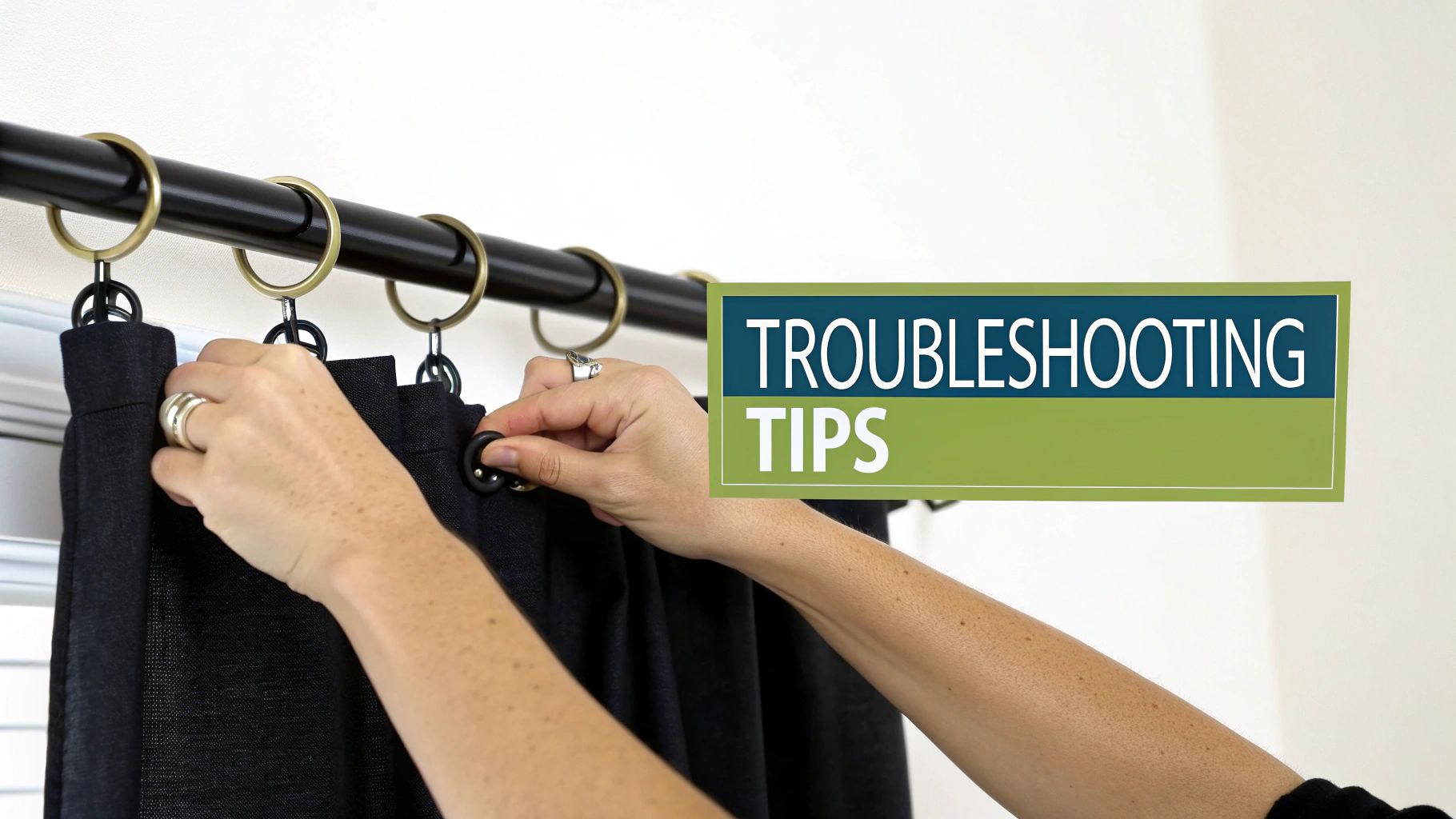 Close-up of hands attaching black curtains to a rod with gold rings, showing troubleshooting tips.