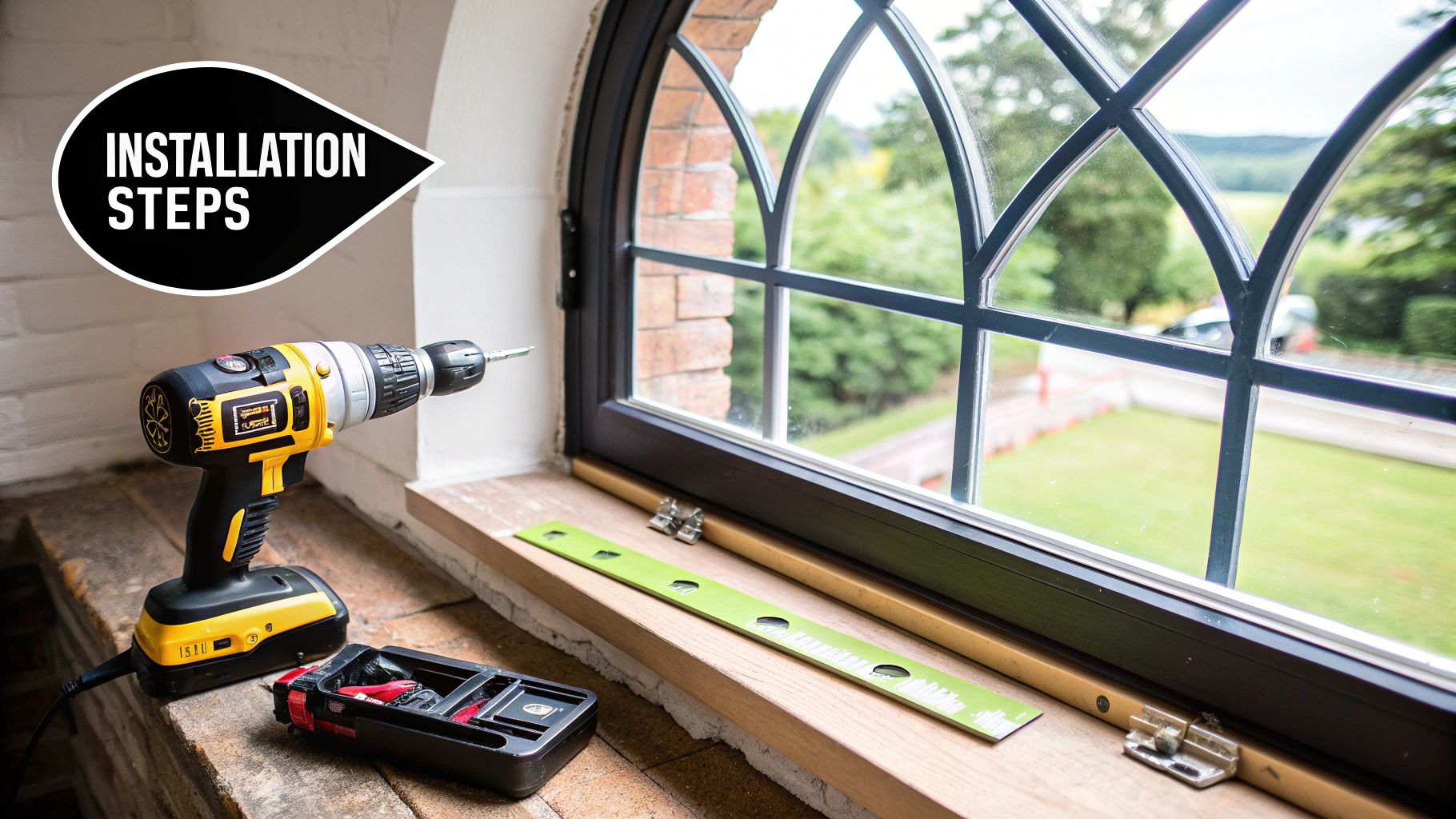 A person using a level to mark the correct placement for curtain rod brackets above an arched window.