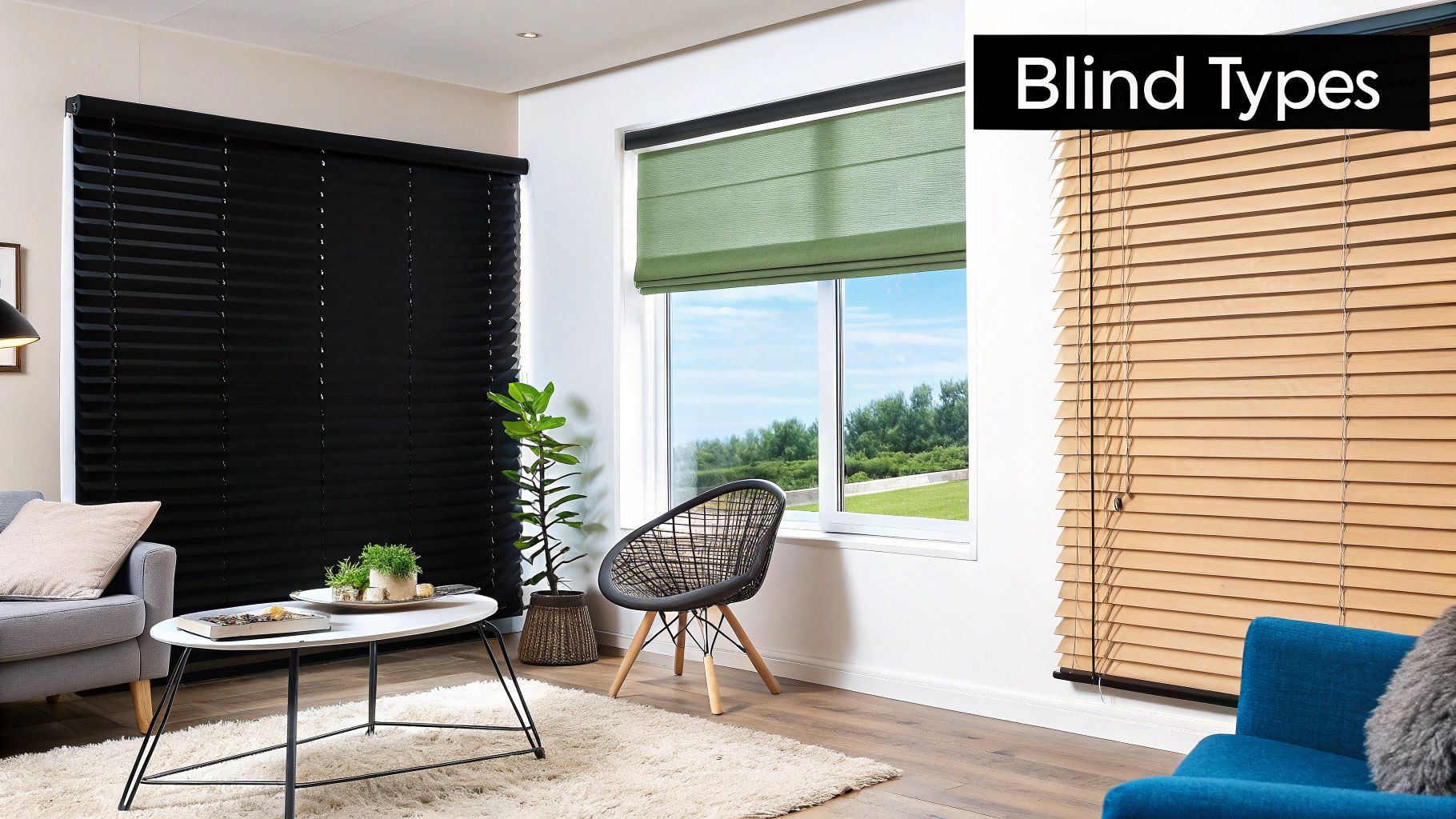 A modern living room with large windows fitted with sleek, light-filtering roller blinds.