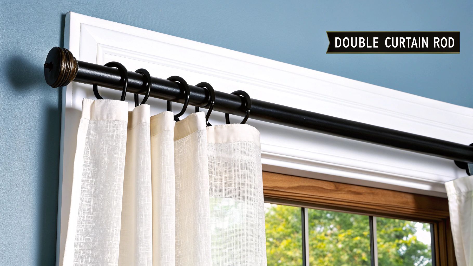 A stylish double curtain rod in a matte black finish, holding both sheer and solid gray curtains against a light-colored wall.
