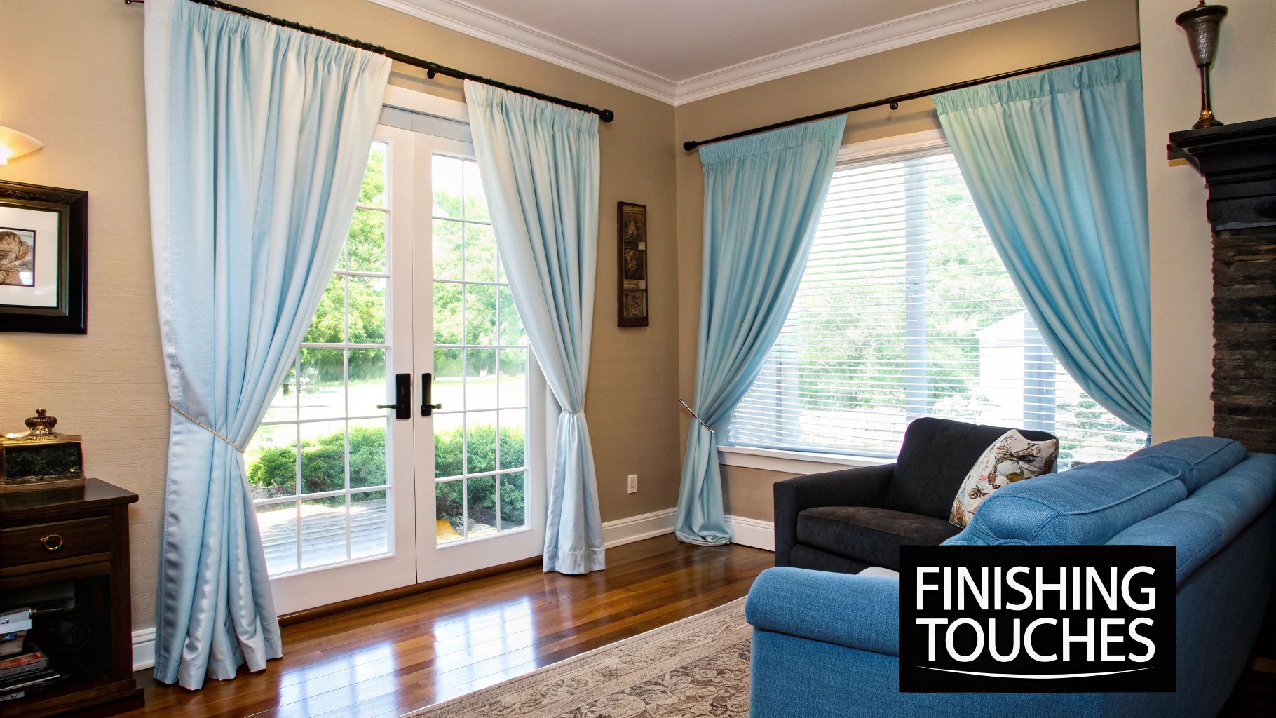 Professionally hung custom lined curtains framing a window, showing elegant, uniform folds.