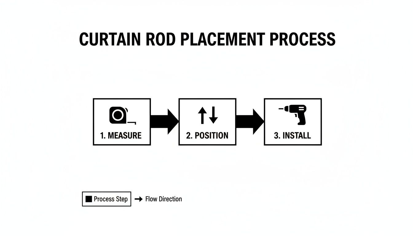 A diagram illustrates the three steps to hang a curtain rod: measure, position, and install.