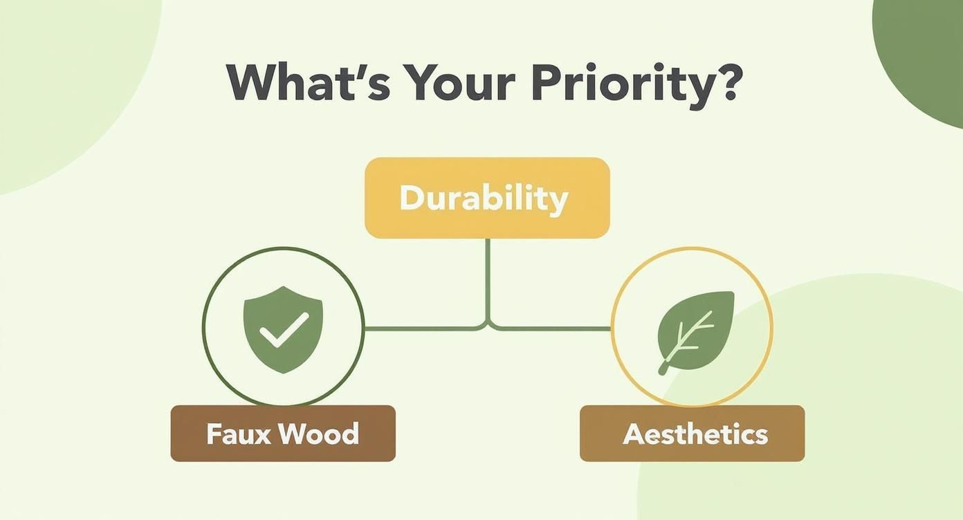 Infographic decision tree showing that if your priority is durability, choose faux wood blinds, and if your priority is aesthetics, choose real wood blinds.