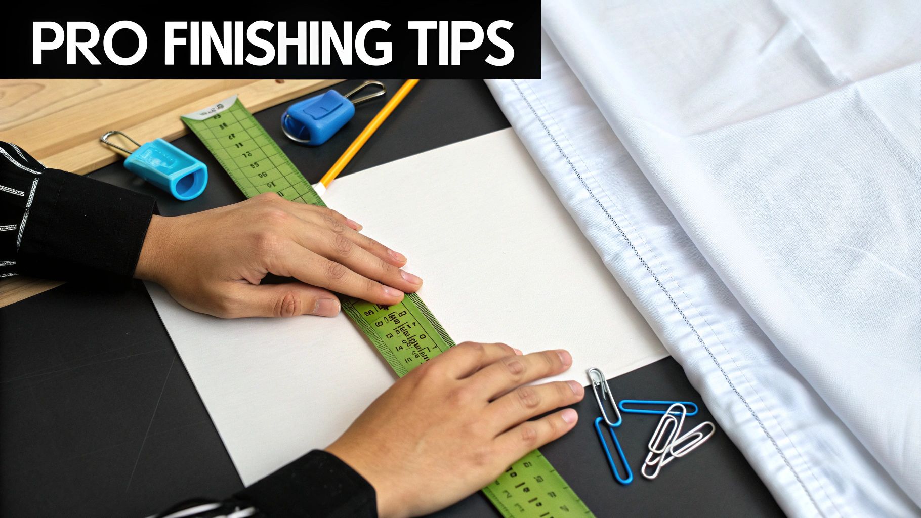 Hands hold a green ruler on white paper, with fabric, paper clips, and drawing tools nearby.
