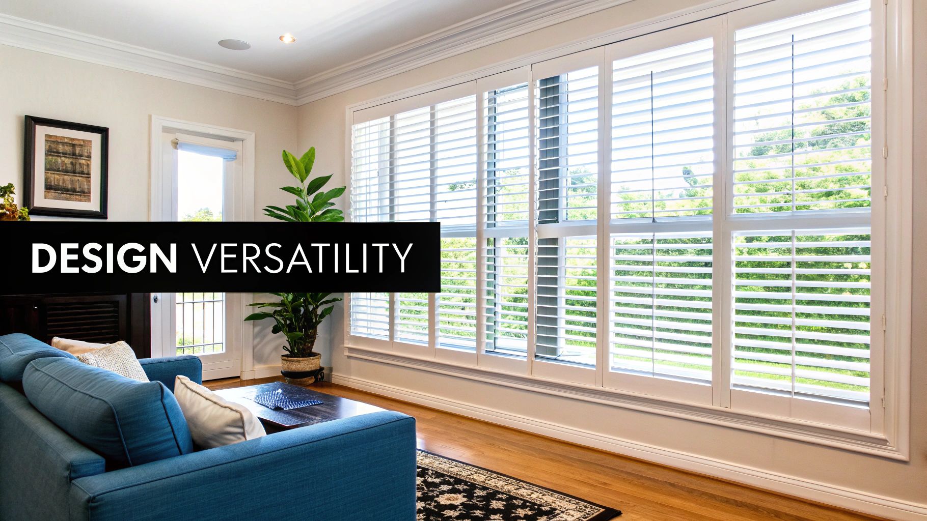 A modern living room features a blue sofa, a coffee table, and large windows with elegant white plantation shutters, highlighting design versatility.