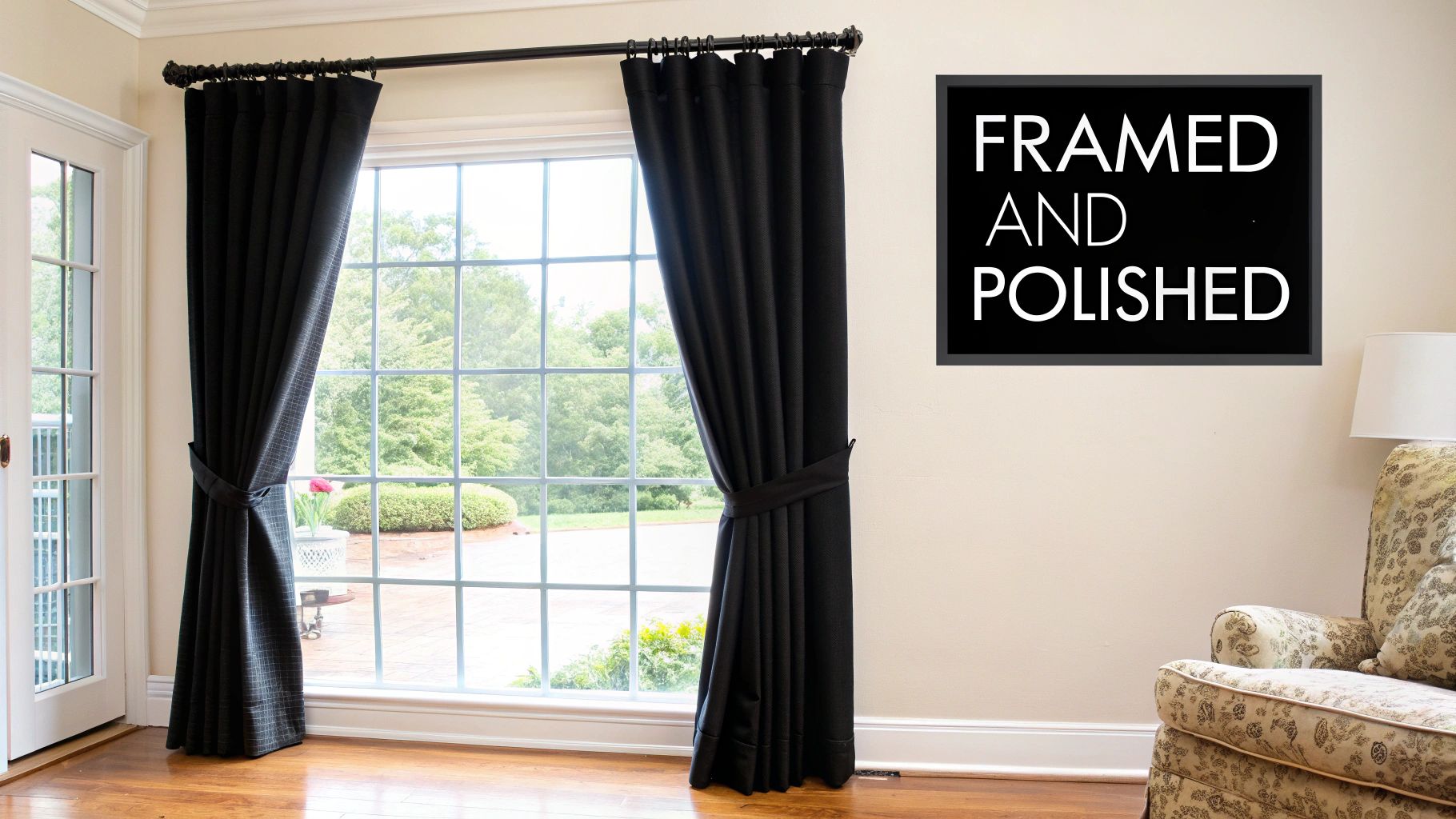 A beautifully decorated living room window featuring elegant grey window curtains with a matching valance.