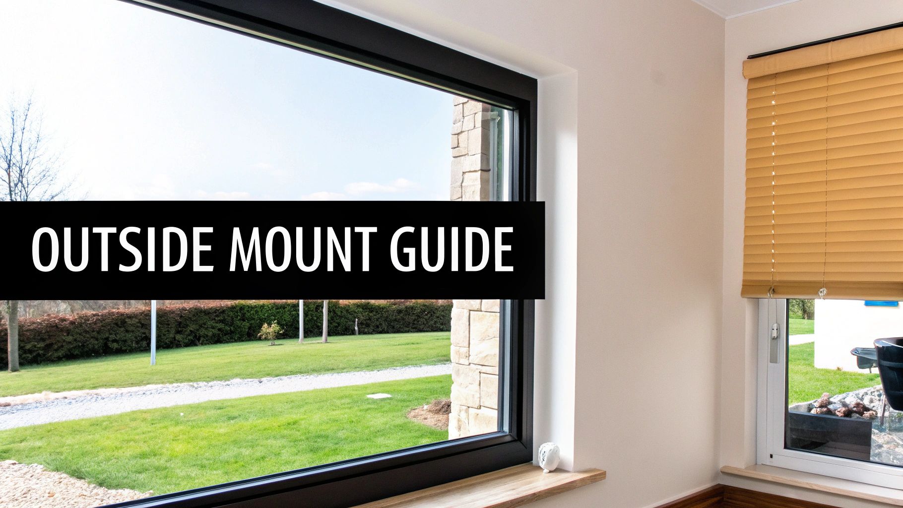 A modern living room with large windows fitted with sleek, white outside mount blinds that extend beyond the window frame.