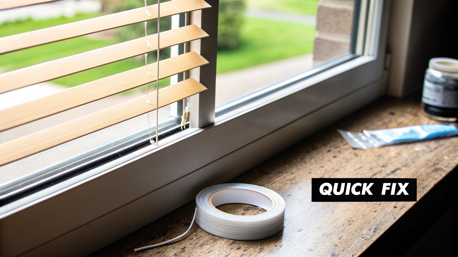 A roll of tape on a windowsill next to a window with wooden blinds, suggesting a quick fix for a broken slat.