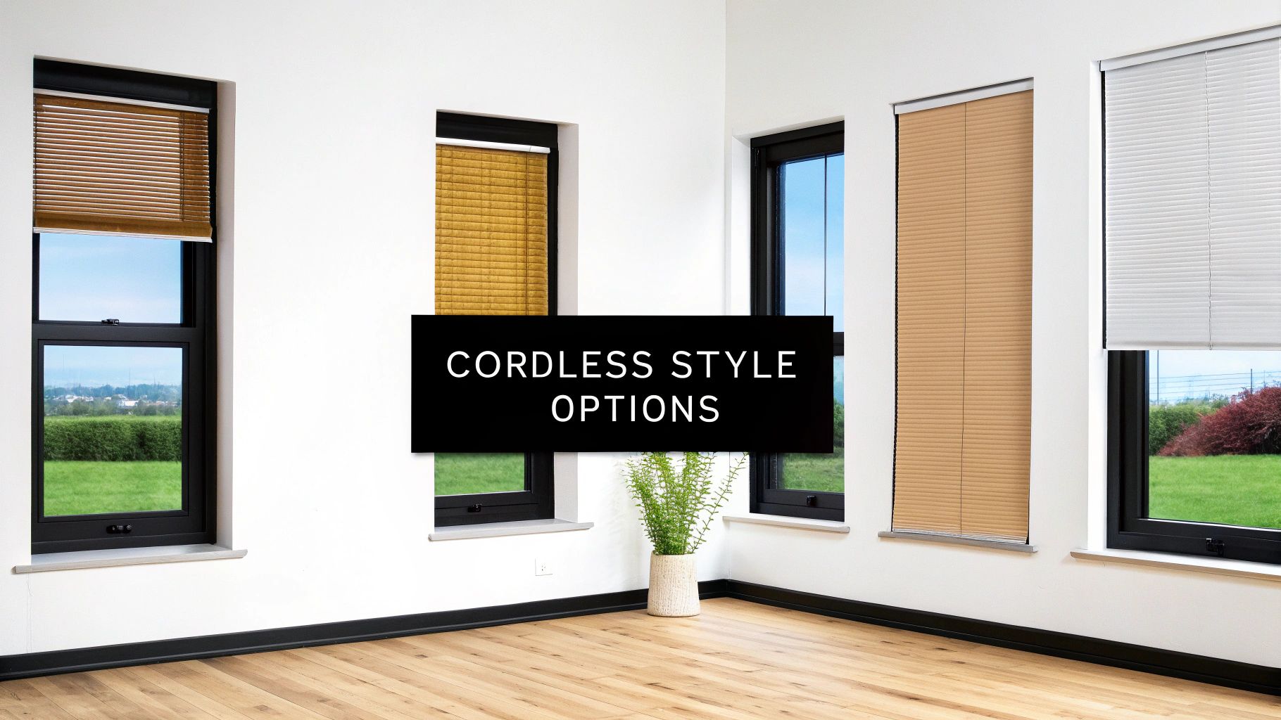 A bright room showcasing multiple windows with various cordless style blinds in different colors, highlighting design options.