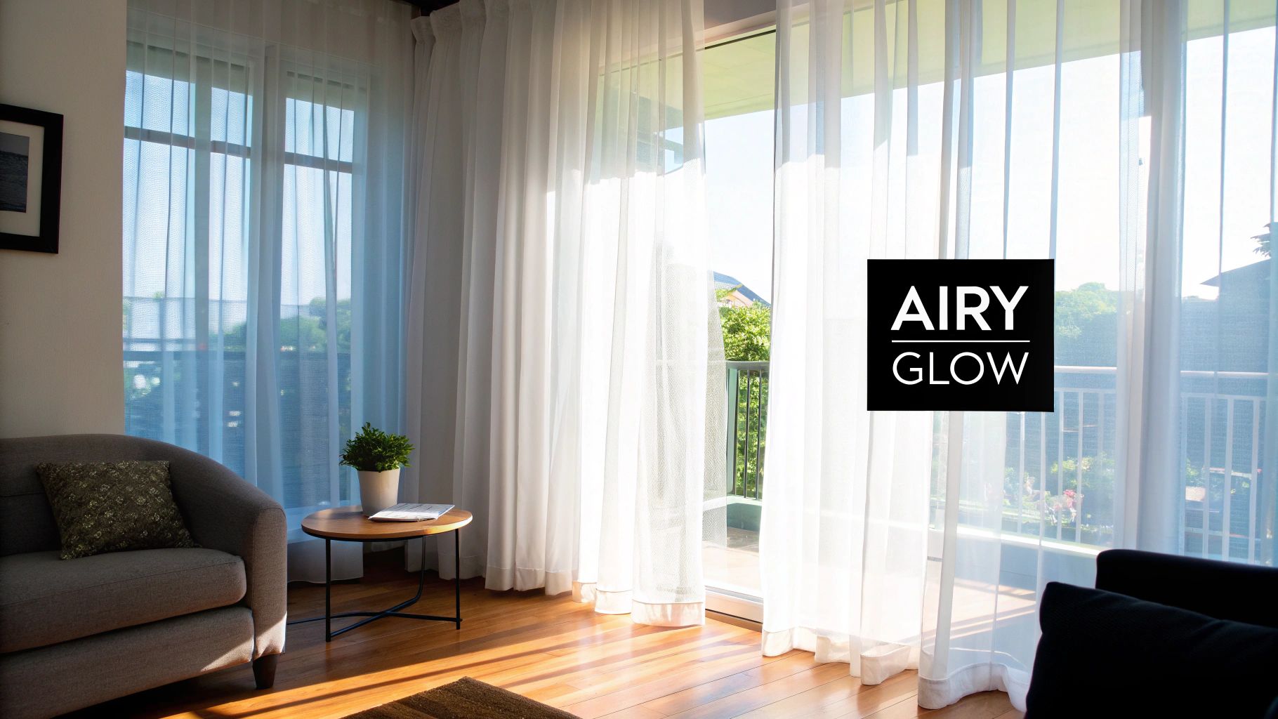 A bright living room with white sheer curtain panels gently diffusing sunlight.