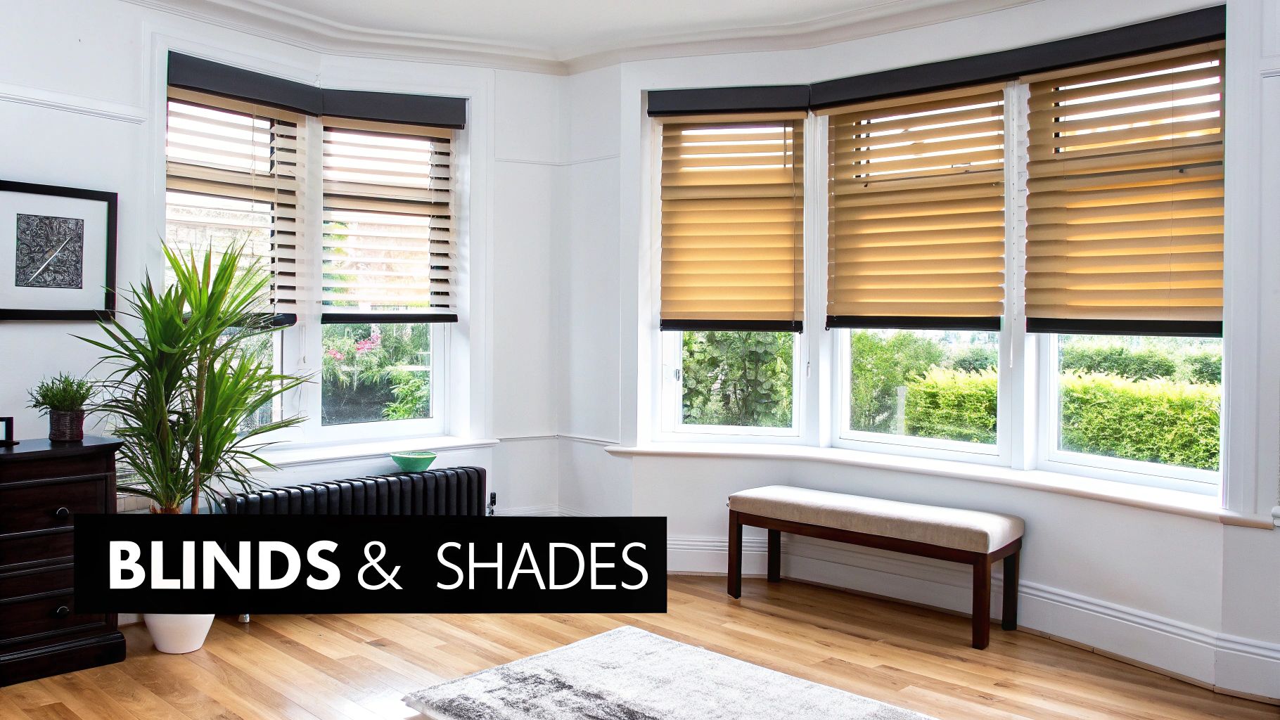 Bright room with multiple bow windows featuring light wooden blinds, a plant, and a padded bench.
