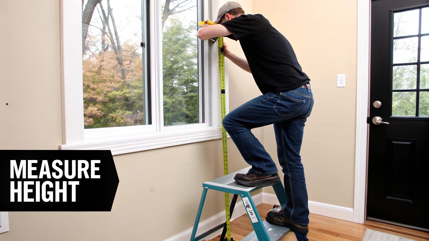 A person using a steel tape measure to find the height for an outside mount blind, with the tape starting above the window frame.
