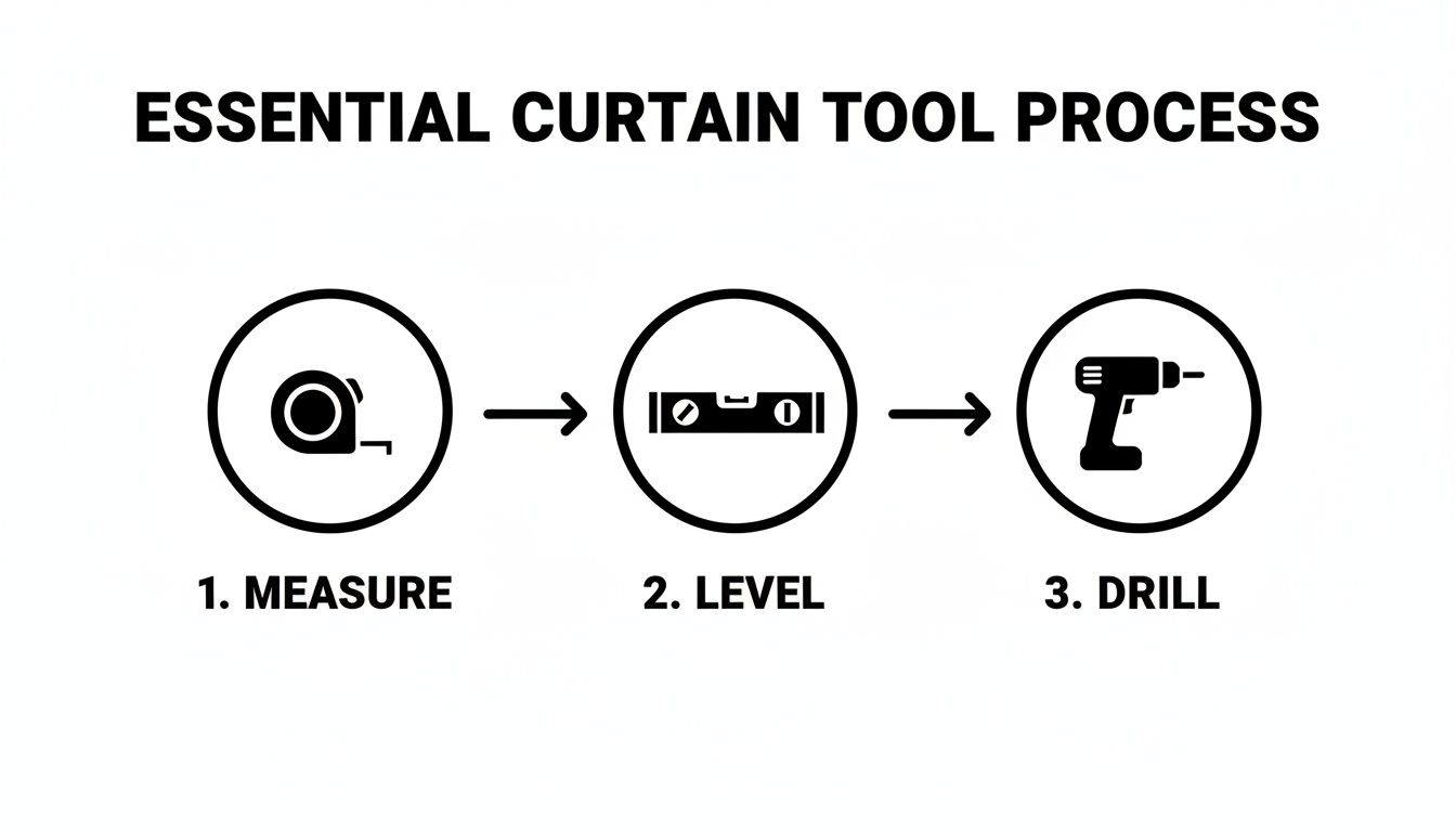 Essential curtain tool process diagram illustrating three steps: measure, level, and drill with icons.