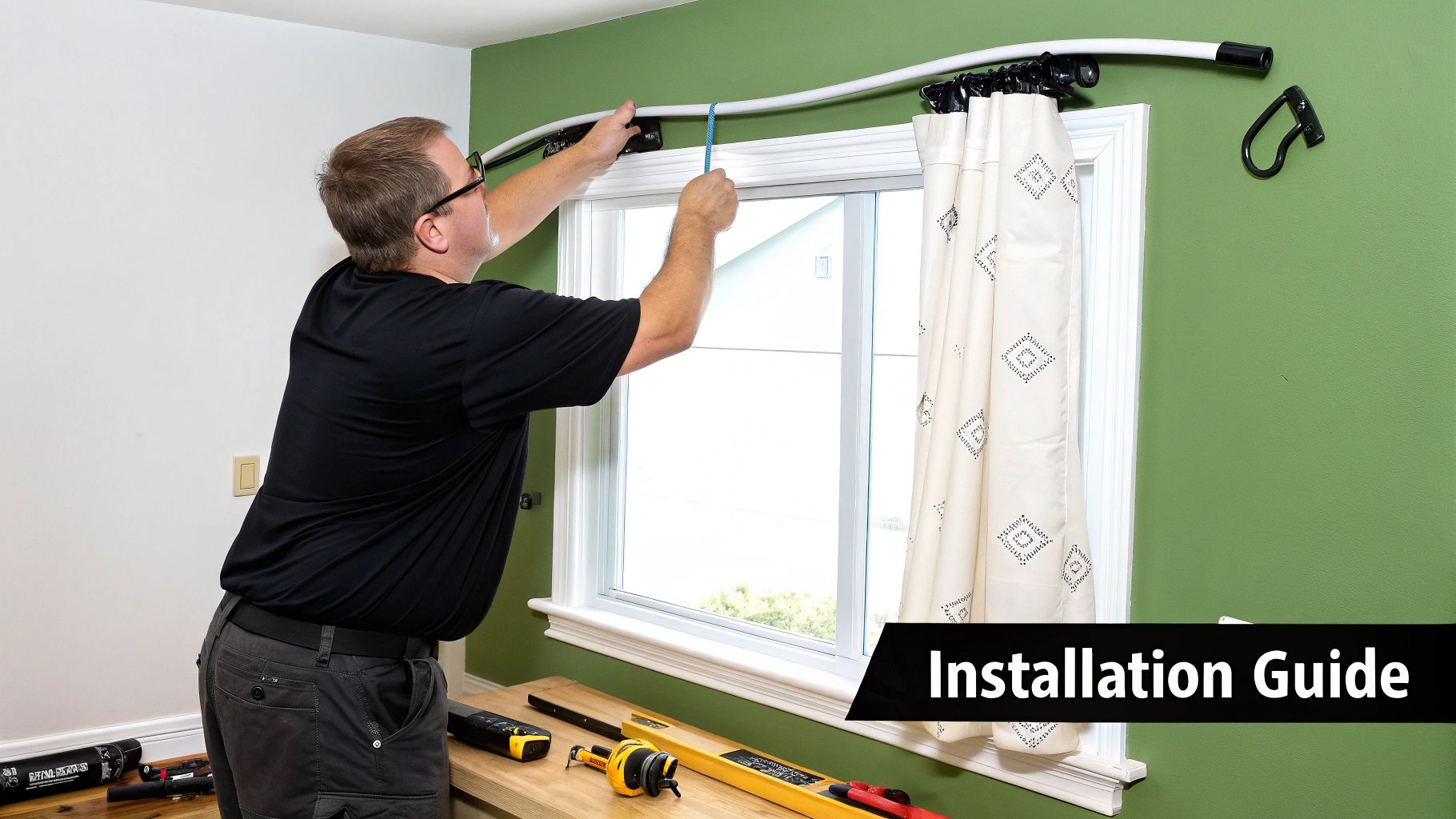 Man installing a curved white curtain rod above a window, demonstrating the installation process.
