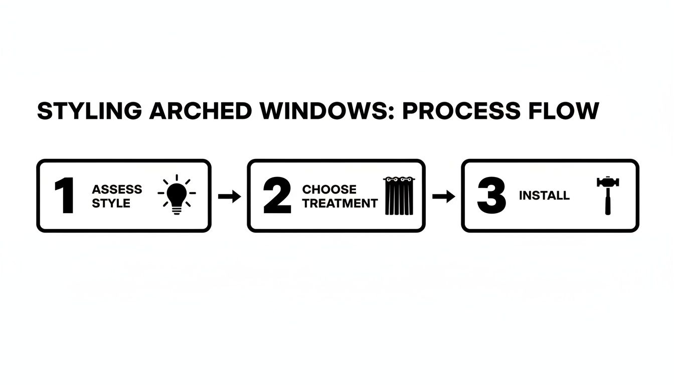 A three-step process flow for styling arched windows: assess style, choose treatment, and install.