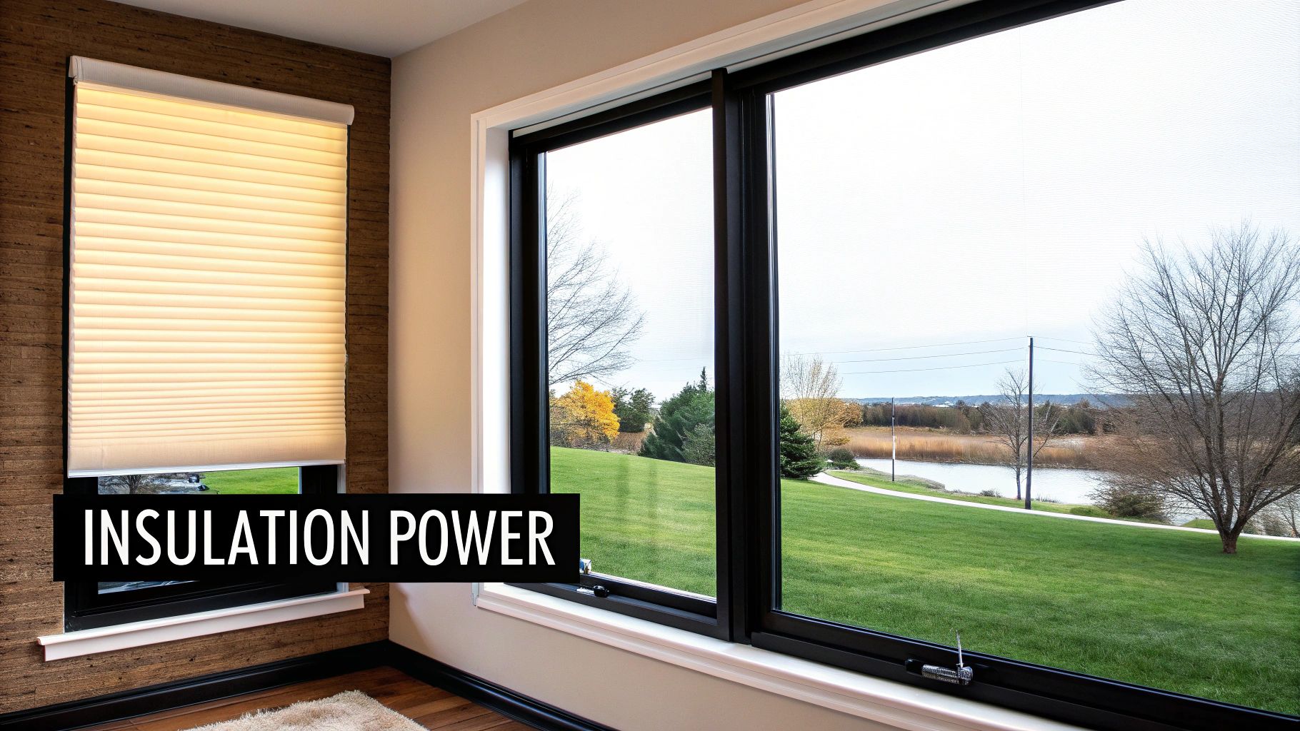 A room with a cellular shade on one window, contrasting with a clear view of the outdoors.