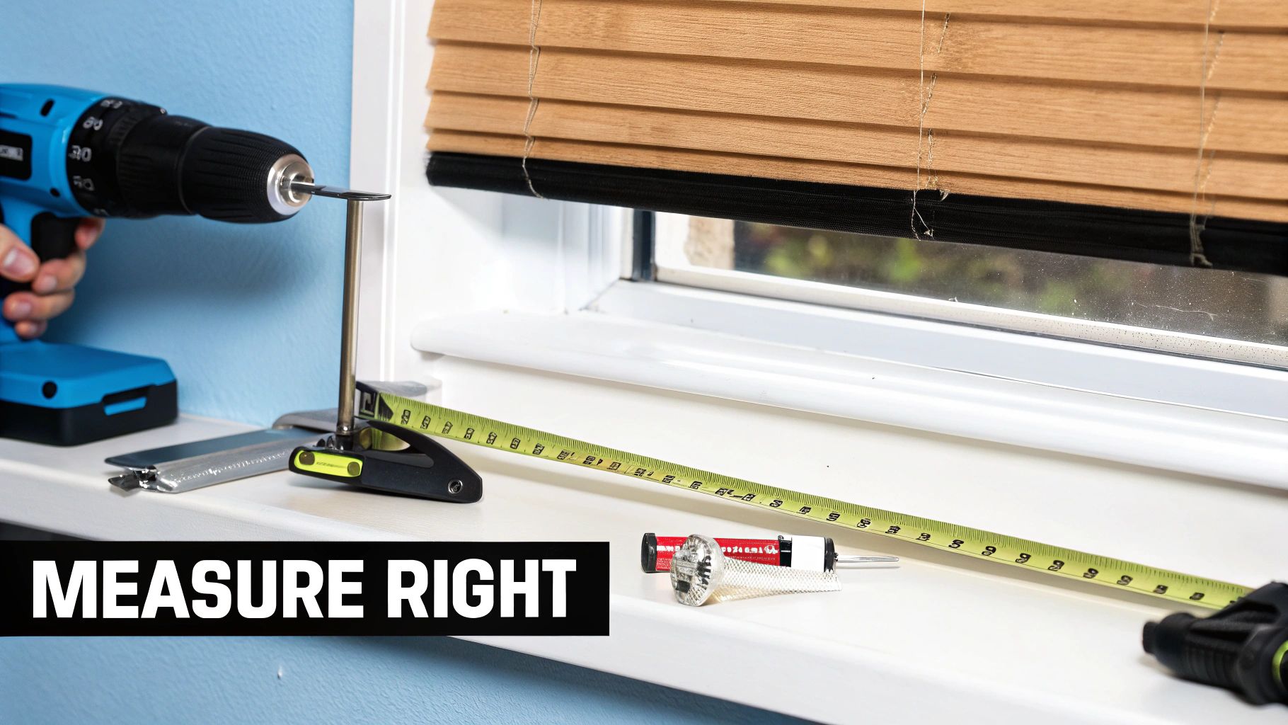 A cordless drill, measuring tape, and level on a windowsill, ready for home improvement tasks.
