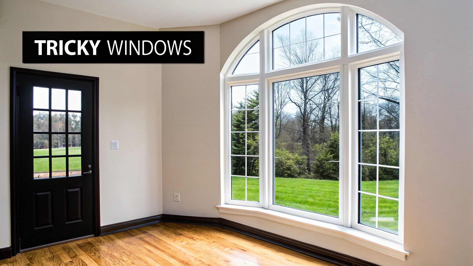 An interior view of a room with a large arched window and a black glass-paneled door, overlooking a green yard and trees.