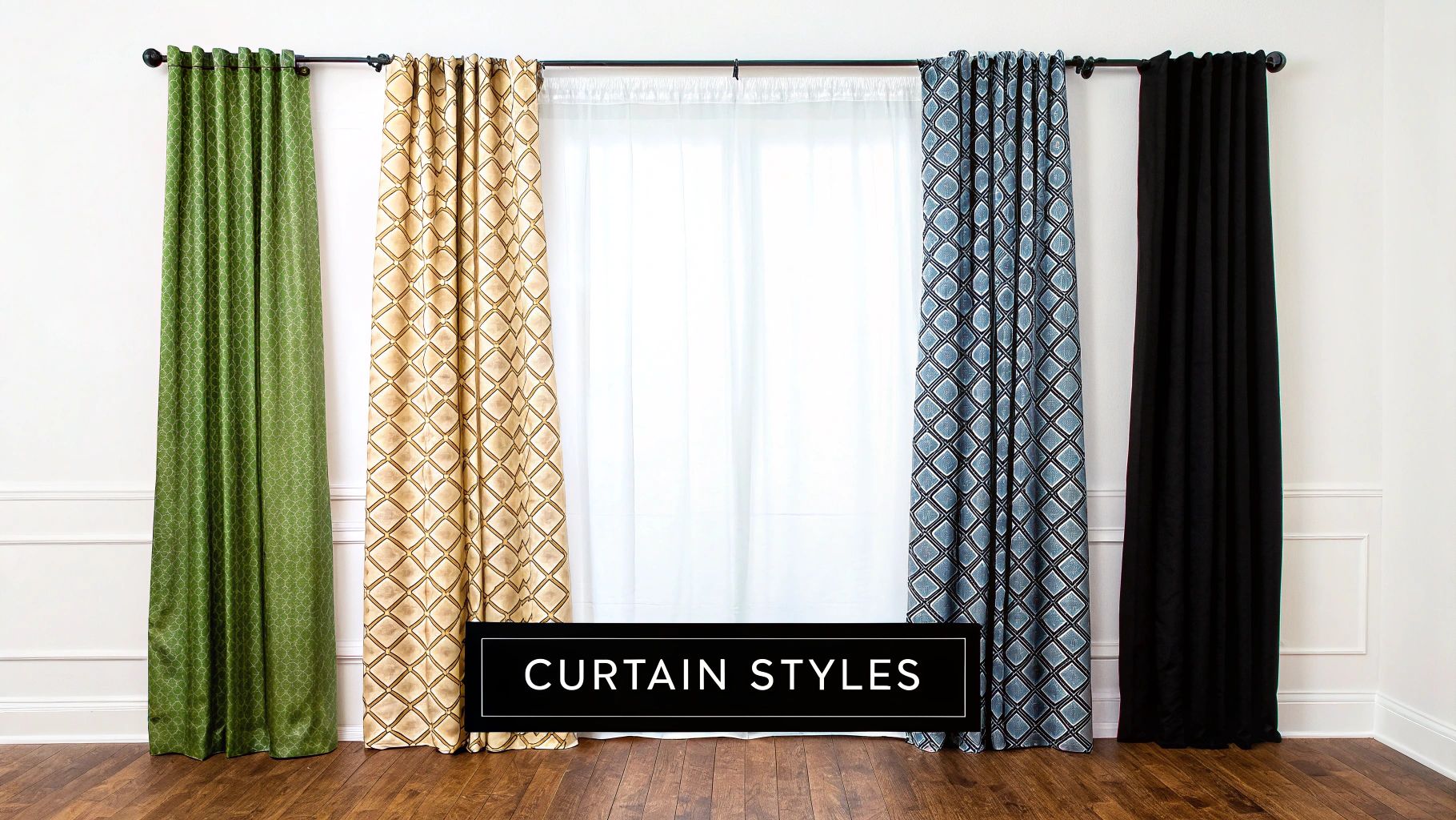 Three sets of curtains demonstrating the float, kiss, and puddle lengths against a neutral wall.