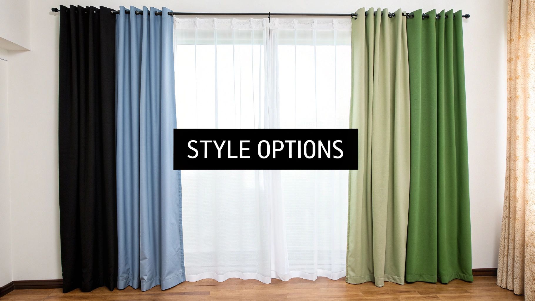 A window displaying multiple curtain panels in various colors, showcasing different style options for home decor.