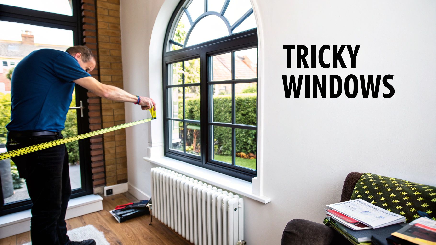 A bay window with sheer curtains perfectly installed, demonstrating how to handle tricky architectural features.