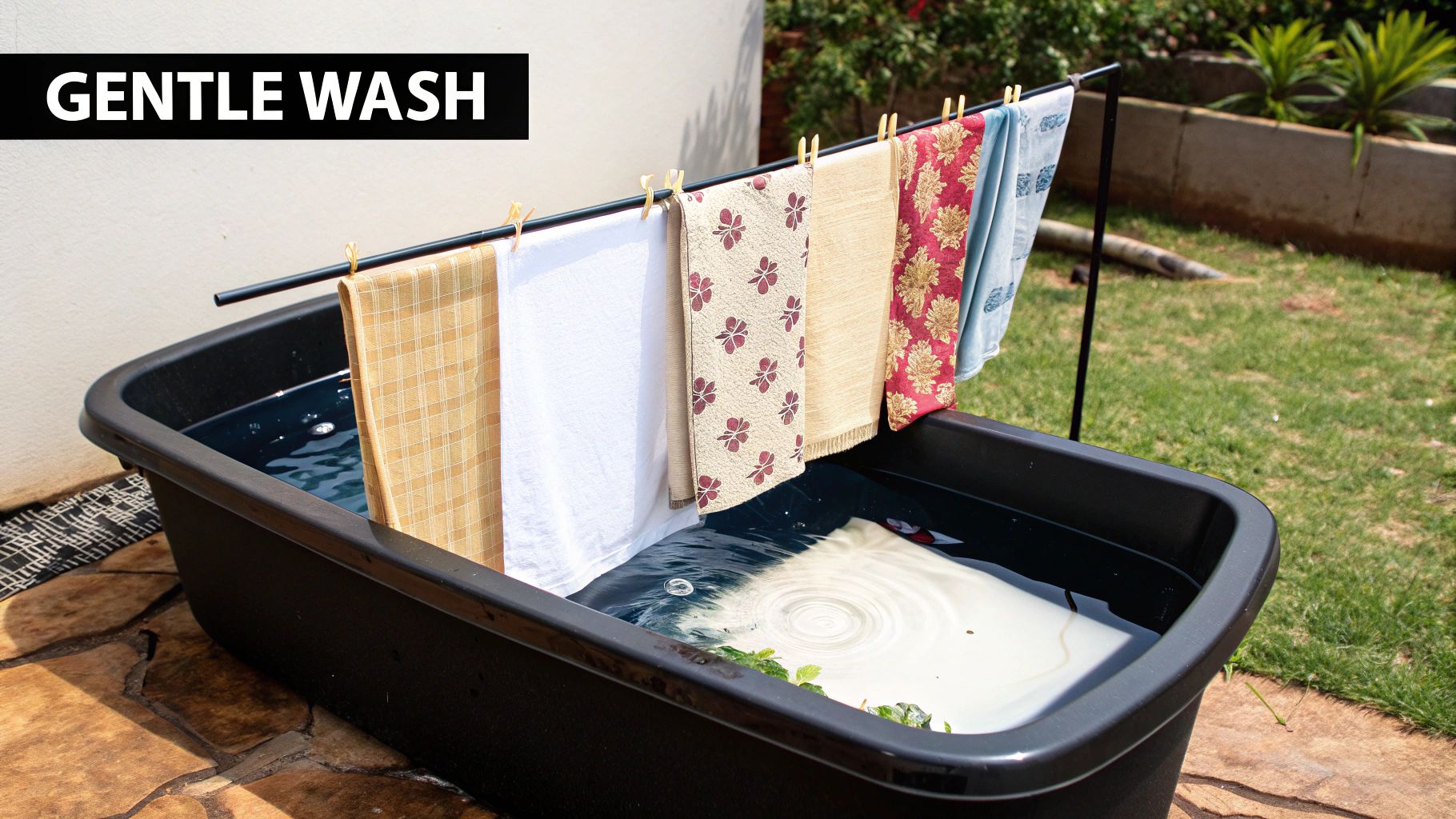 A person gently cleaning fabric vertical blind vanes in a bathtub.