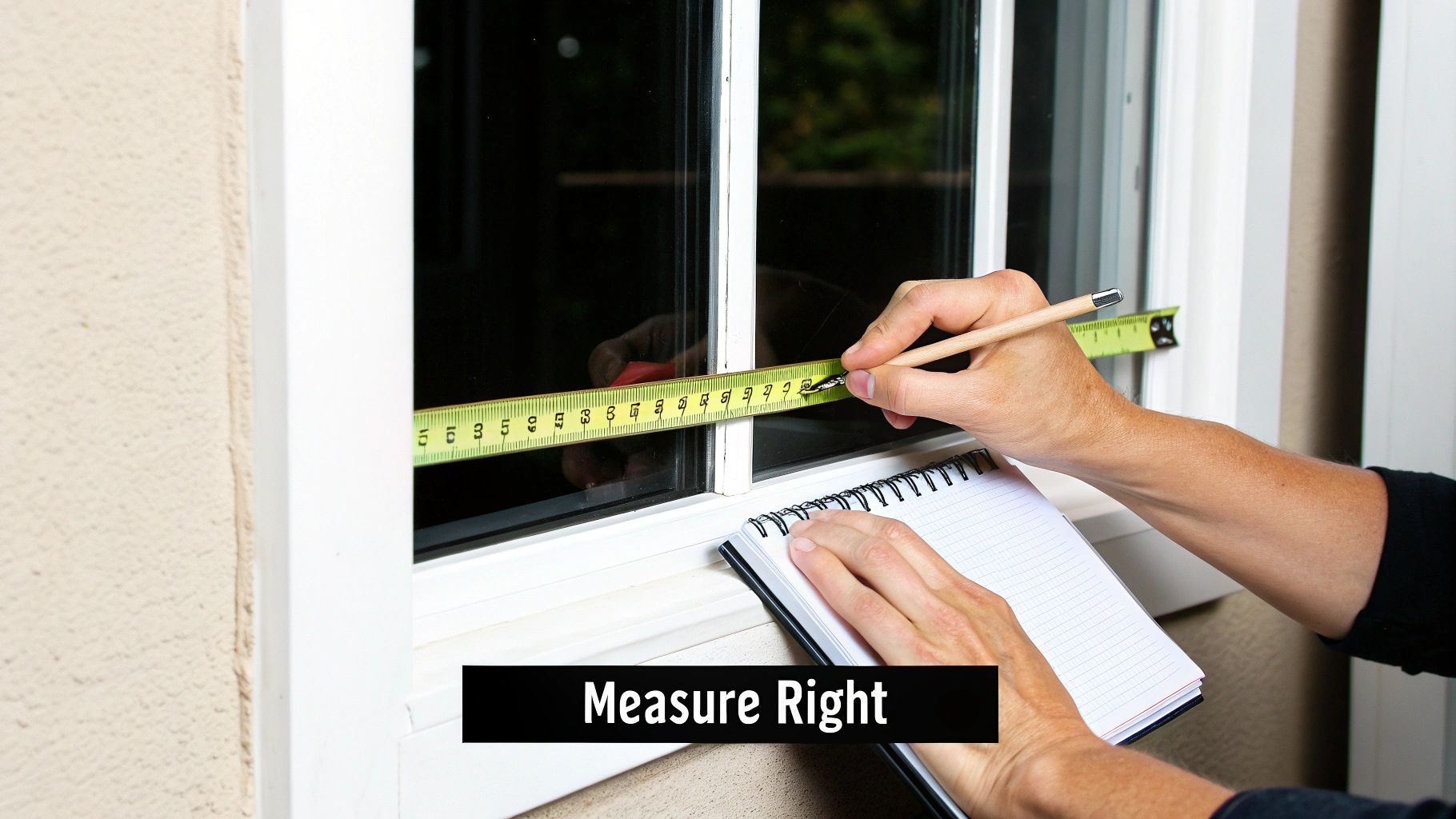 Hands measure a window with a tape measure, making notes in a spiral notebook.