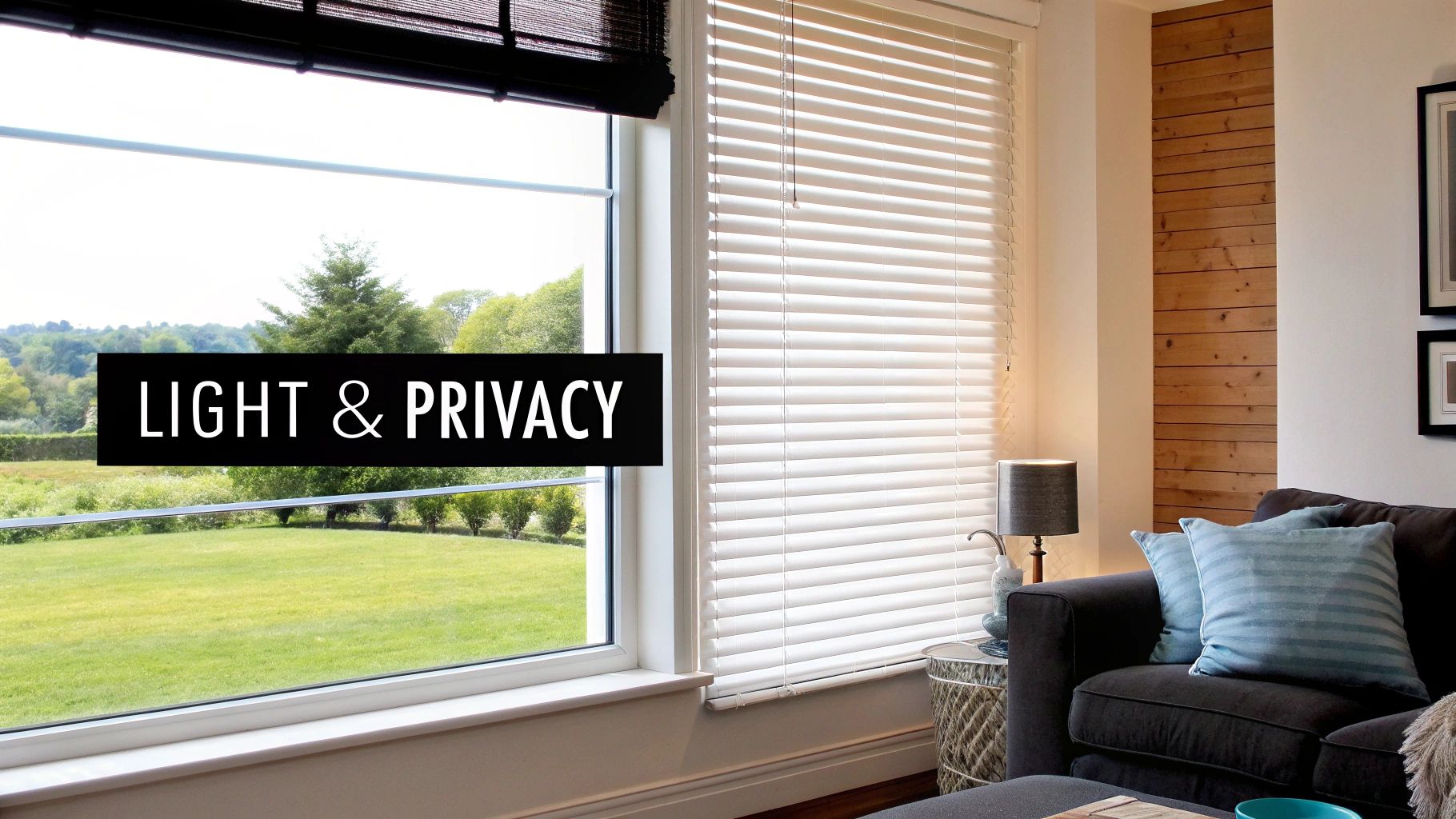A checklist graphic highlighting key factors like light control, safety, and energy efficiency for window treatments.