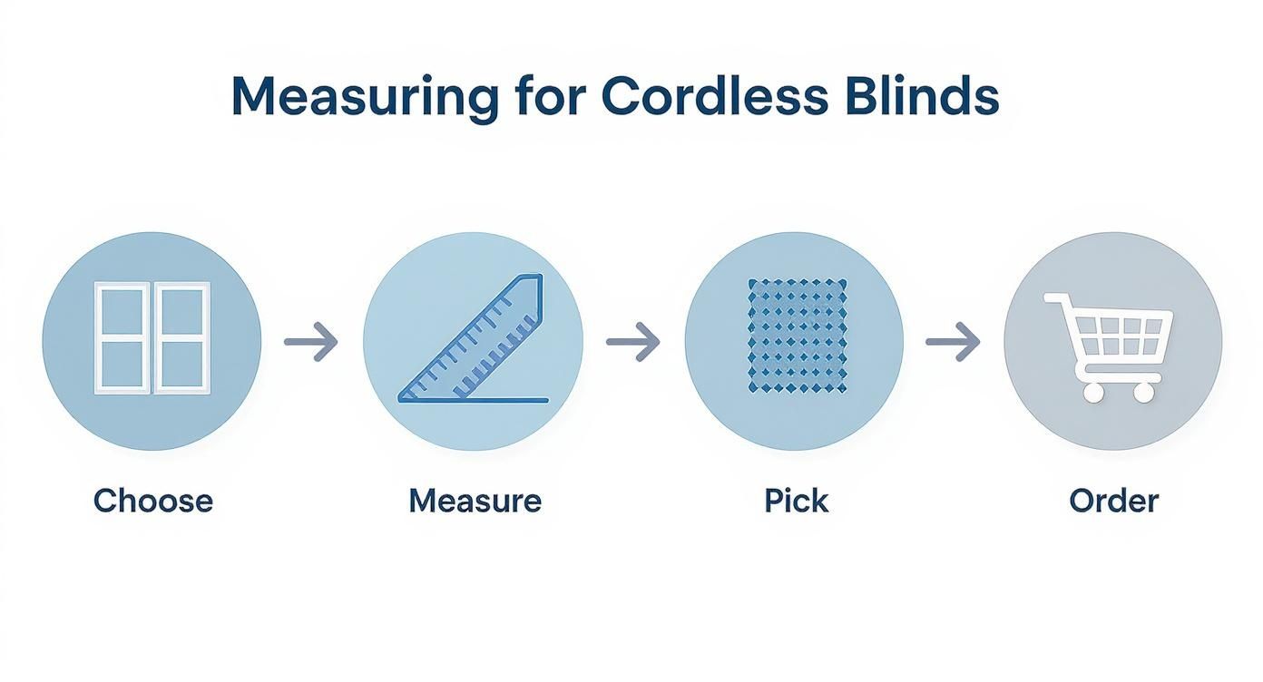 A visual guide illustrating the four steps to choose, measure, pick, and order cordless blinds.