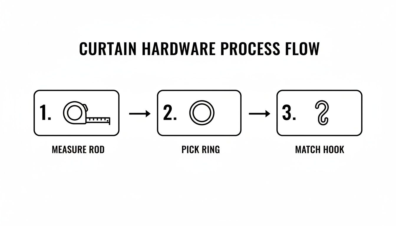 A visual guide illustrating three steps for curtain hardware: measure rod, pick ring, match hook.