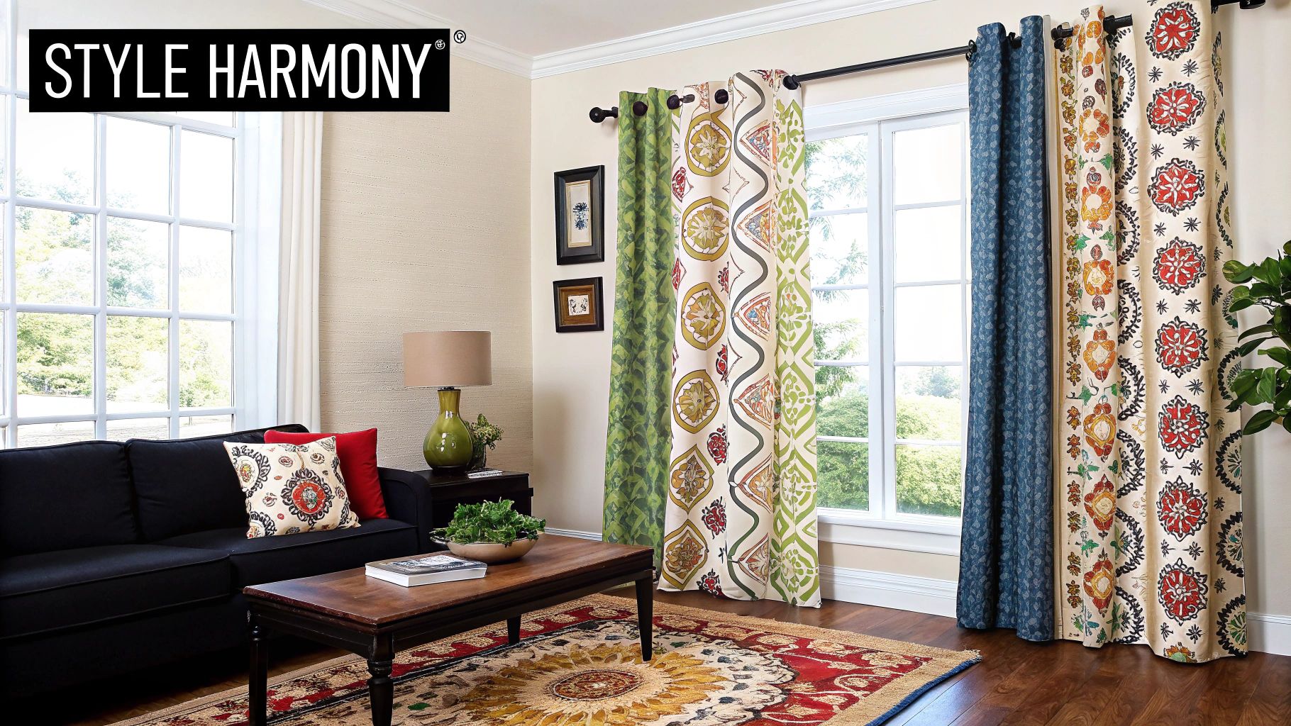 A cozy living room with patterned drapes that complement the neutral furniture and create a focal point.