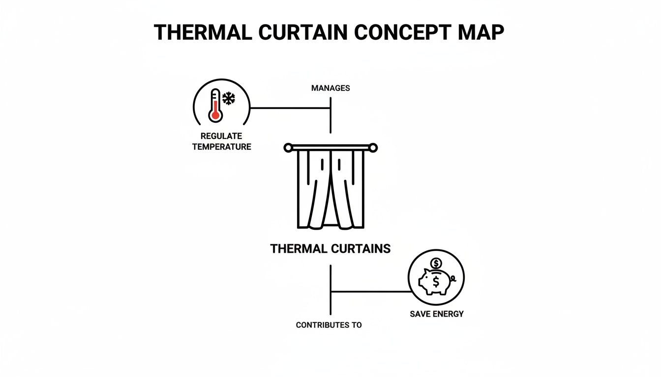 A concept map illustrating how thermal curtains regulate temperature and save energy effectively.
