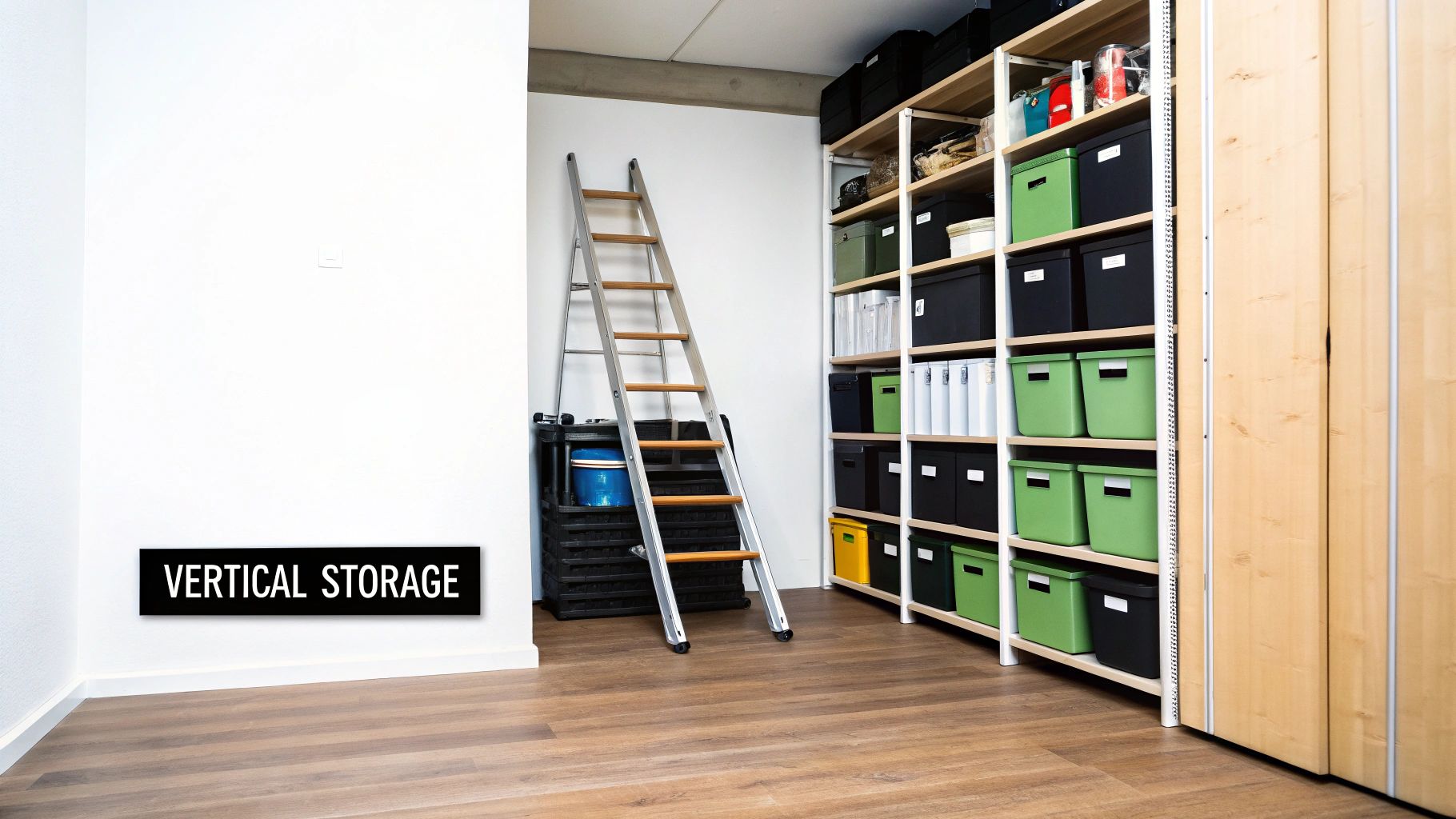A small room with a tall, narrow bookshelf filled with books and decor, illustrating the concept of vertical space maximization.