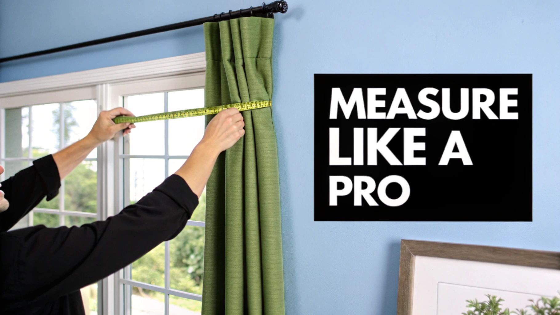 A person using a measuring tape to measure the width of a window for new drapery panels.