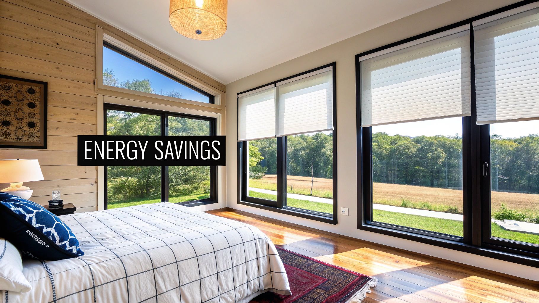 A cozy bedroom with blackout shades on a large window, creating a dark and restful environment.