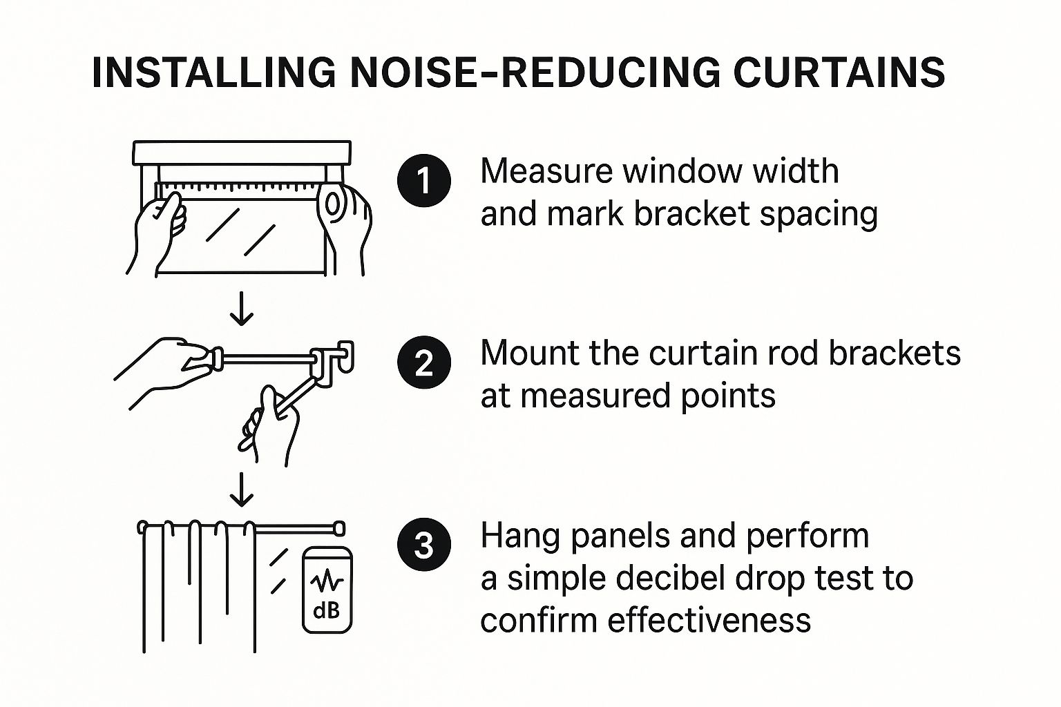 An infographic showing the correct way to measure for and install noise-reducing curtains.
